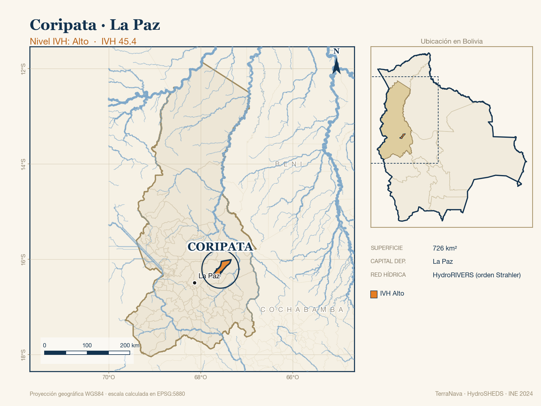Mapa localizador de Coripata (La Paz): zoom departamental con red hídrica HydroRIVERS, municipio destacado por nivel IVH y ubicación en Bolivia