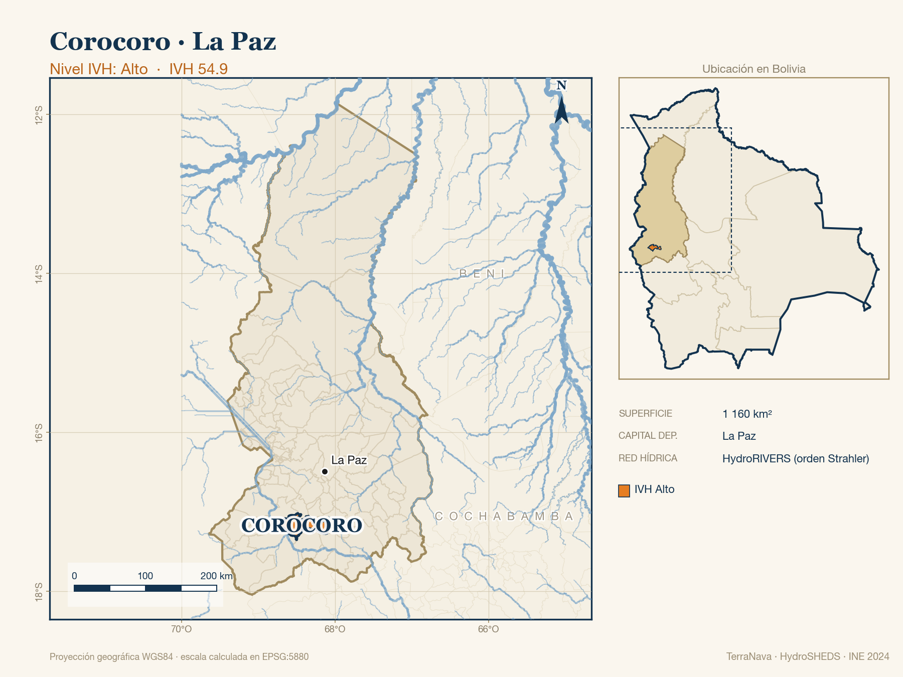 Mapa localizador de Corocoro (La Paz): zoom departamental con red hídrica HydroRIVERS, municipio destacado por nivel IVH y ubicación en Bolivia
