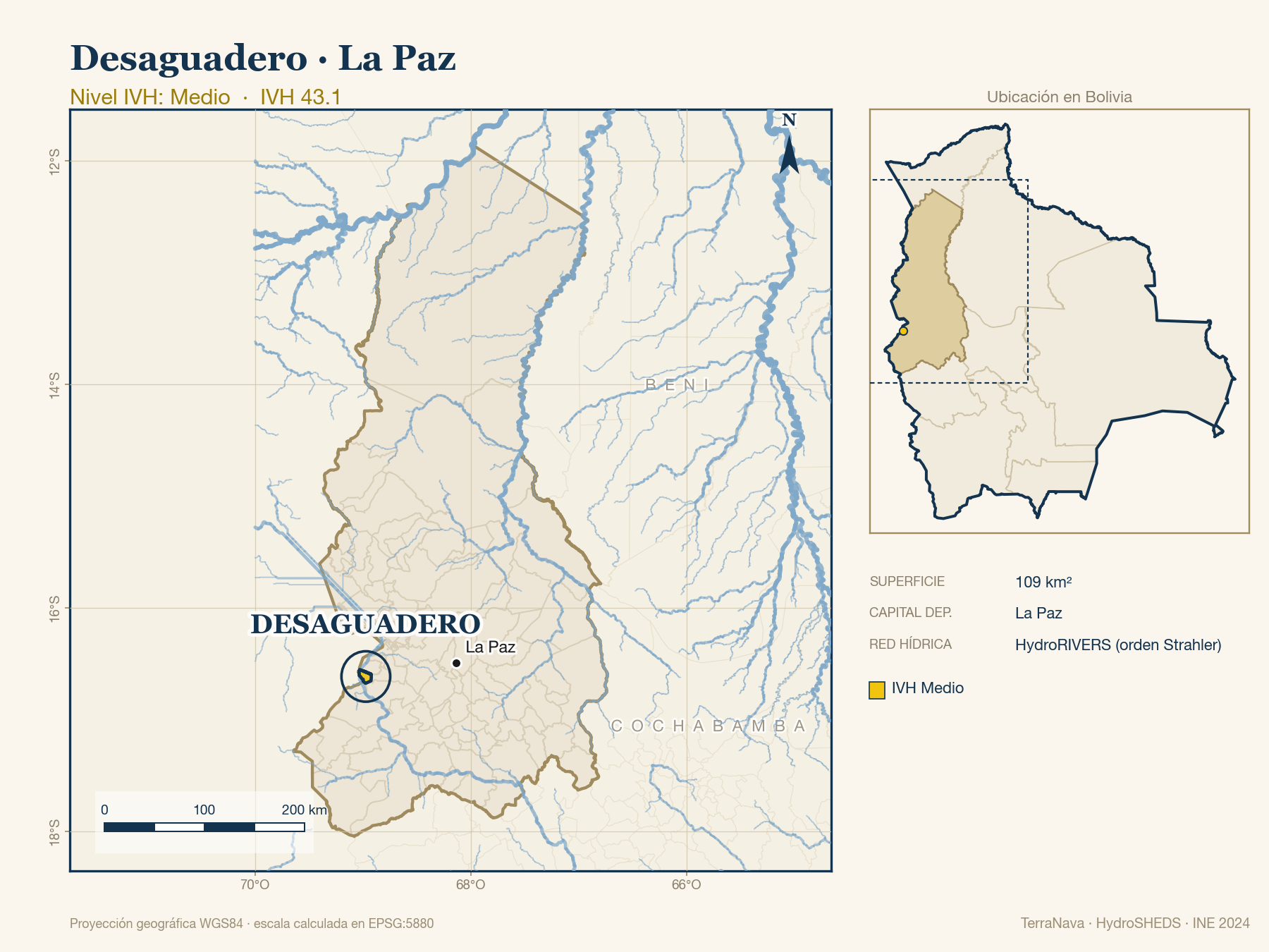 Mapa localizador de Desaguadero (La Paz): zoom departamental con red hídrica HydroRIVERS, municipio destacado por nivel IVH y ubicación en Bolivia