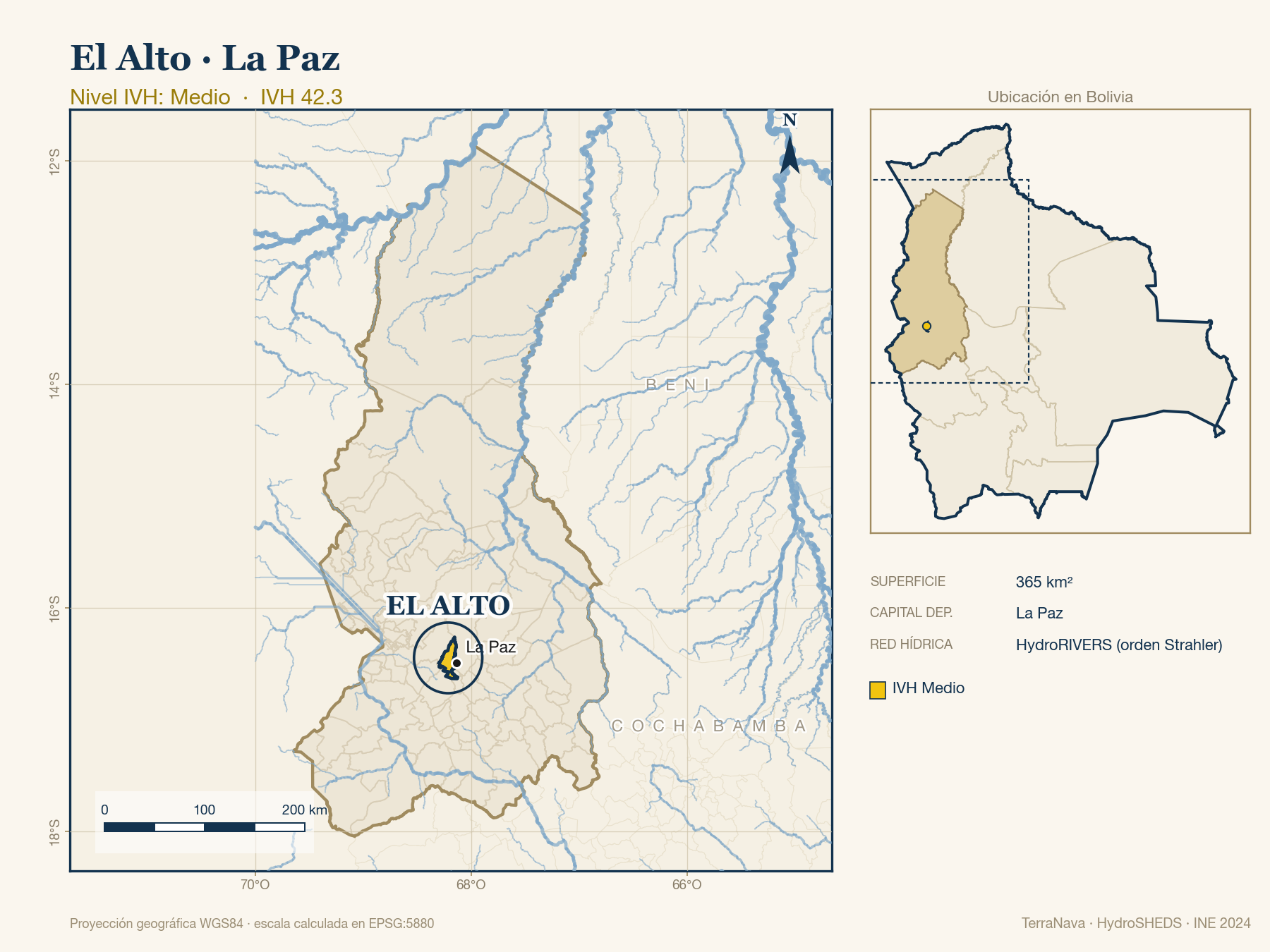 Mapa localizador de El Alto (La Paz): zoom departamental con red hídrica HydroRIVERS, municipio destacado por nivel IVH y ubicación en Bolivia
