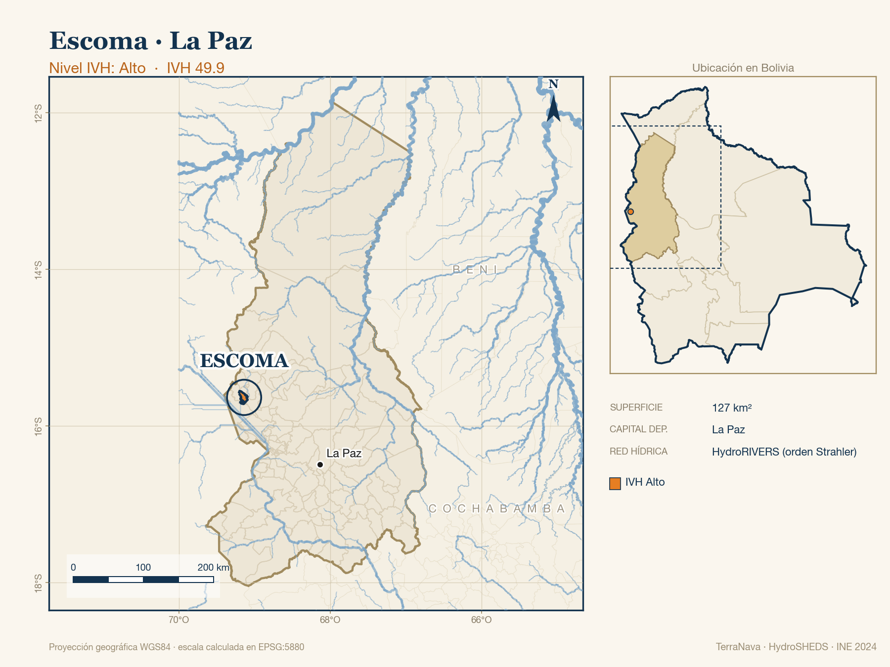 Mapa localizador de Escoma (La Paz): zoom departamental con red hídrica HydroRIVERS, municipio destacado por nivel IVH y ubicación en Bolivia