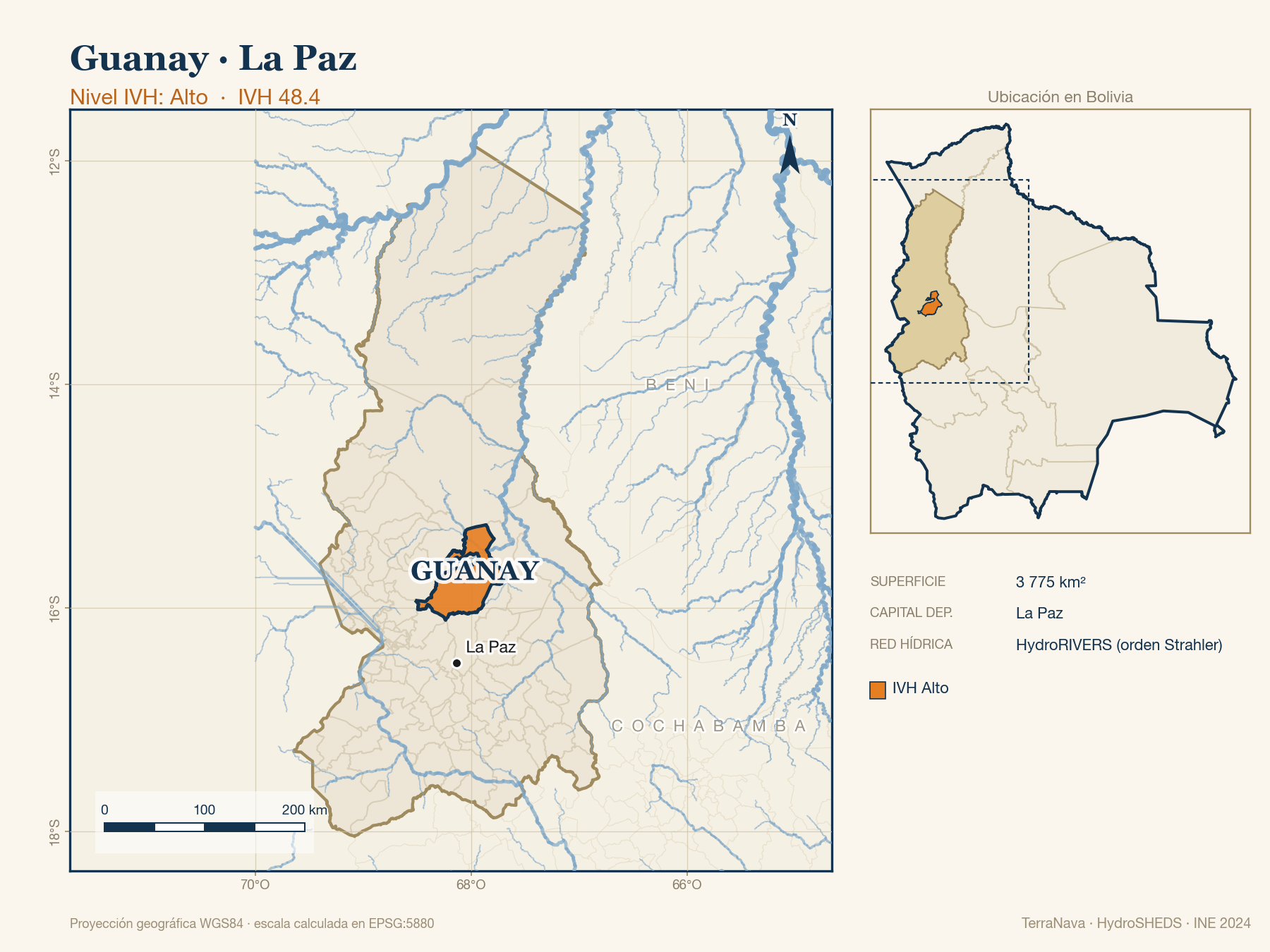 Mapa localizador de Guanay (La Paz): zoom departamental con red hídrica HydroRIVERS, municipio destacado por nivel IVH y ubicación en Bolivia