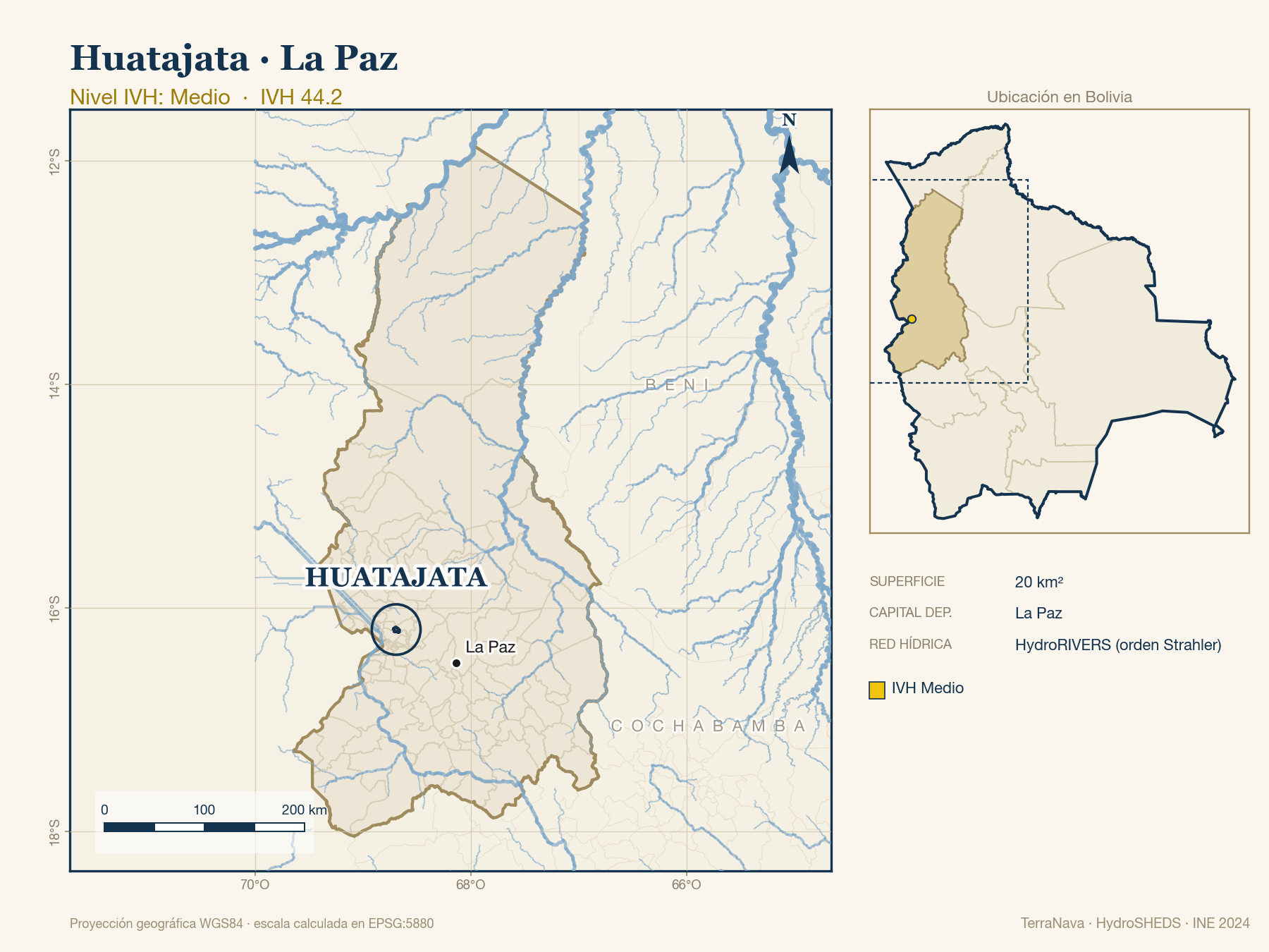 Mapa localizador de Huatajata (La Paz): zoom departamental con red hídrica HydroRIVERS, municipio destacado por nivel IVH y ubicación en Bolivia