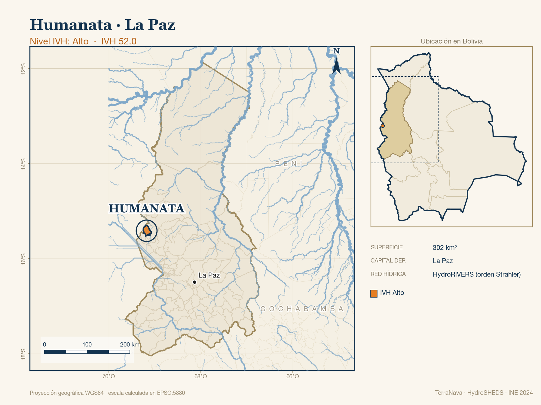 Mapa localizador de Humanata (La Paz): zoom departamental con red hídrica HydroRIVERS, municipio destacado por nivel IVH y ubicación en Bolivia