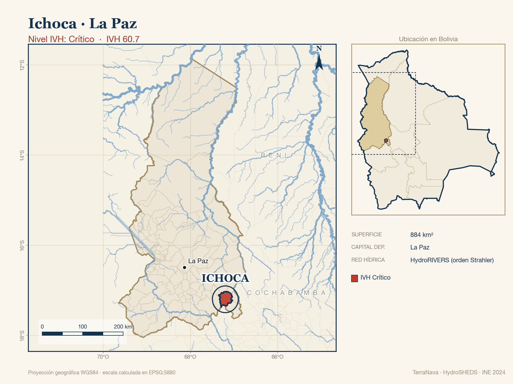 Mapa localizador de Ichoca (La Paz): zoom departamental con red hídrica HydroRIVERS, municipio destacado por nivel IVH y ubicación en Bolivia