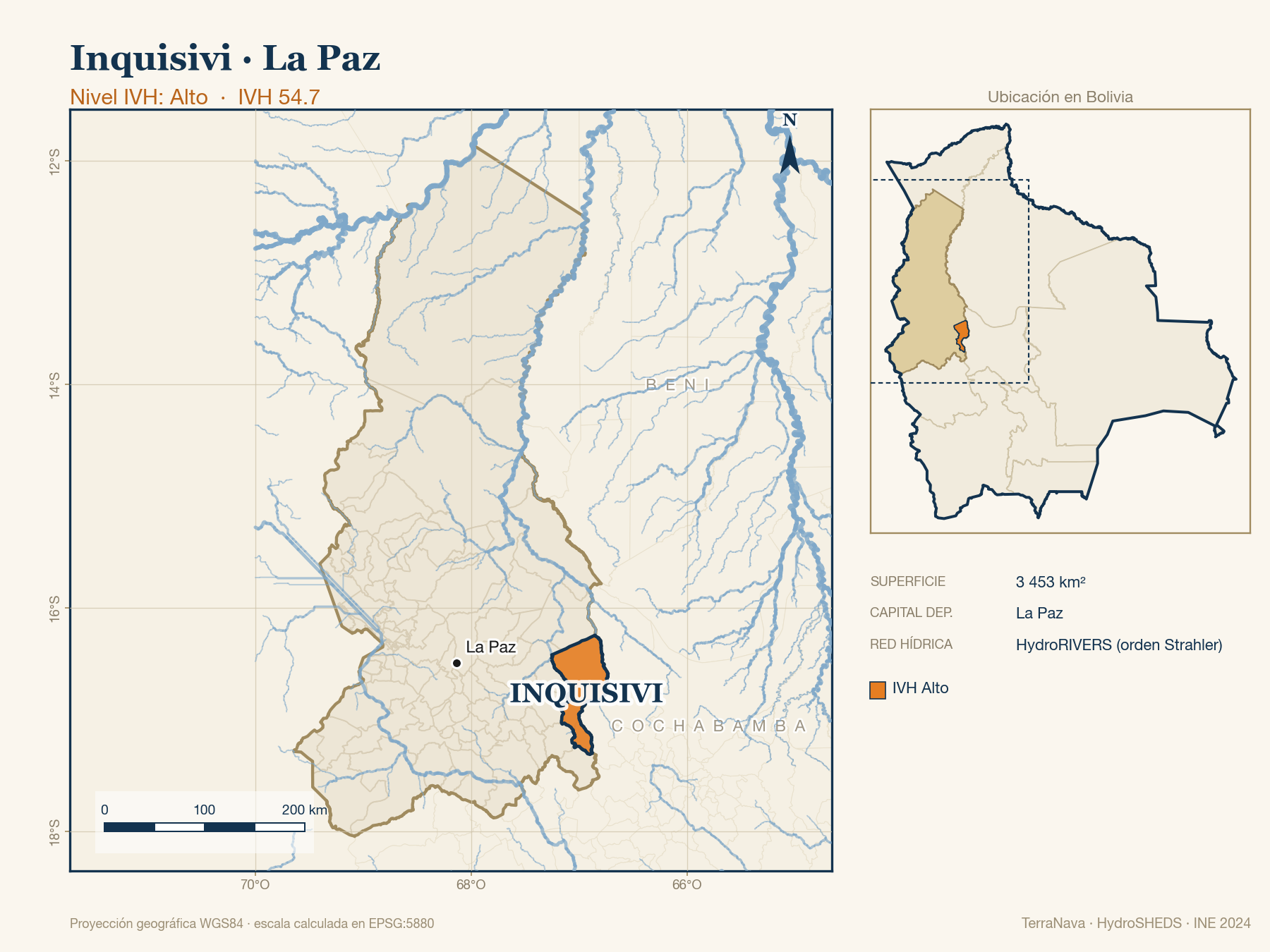 Mapa localizador de Inquisivi (La Paz): zoom departamental con red hídrica HydroRIVERS, municipio destacado por nivel IVH y ubicación en Bolivia