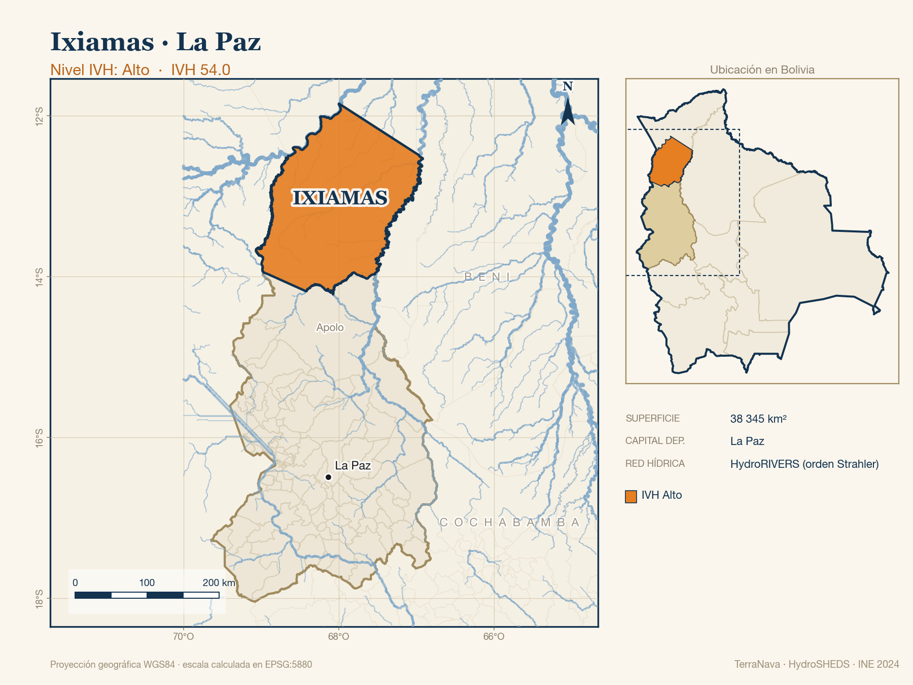 Mapa localizador de Ixiamas (La Paz): zoom departamental con red hídrica HydroRIVERS, municipio destacado por nivel IVH y ubicación en Bolivia