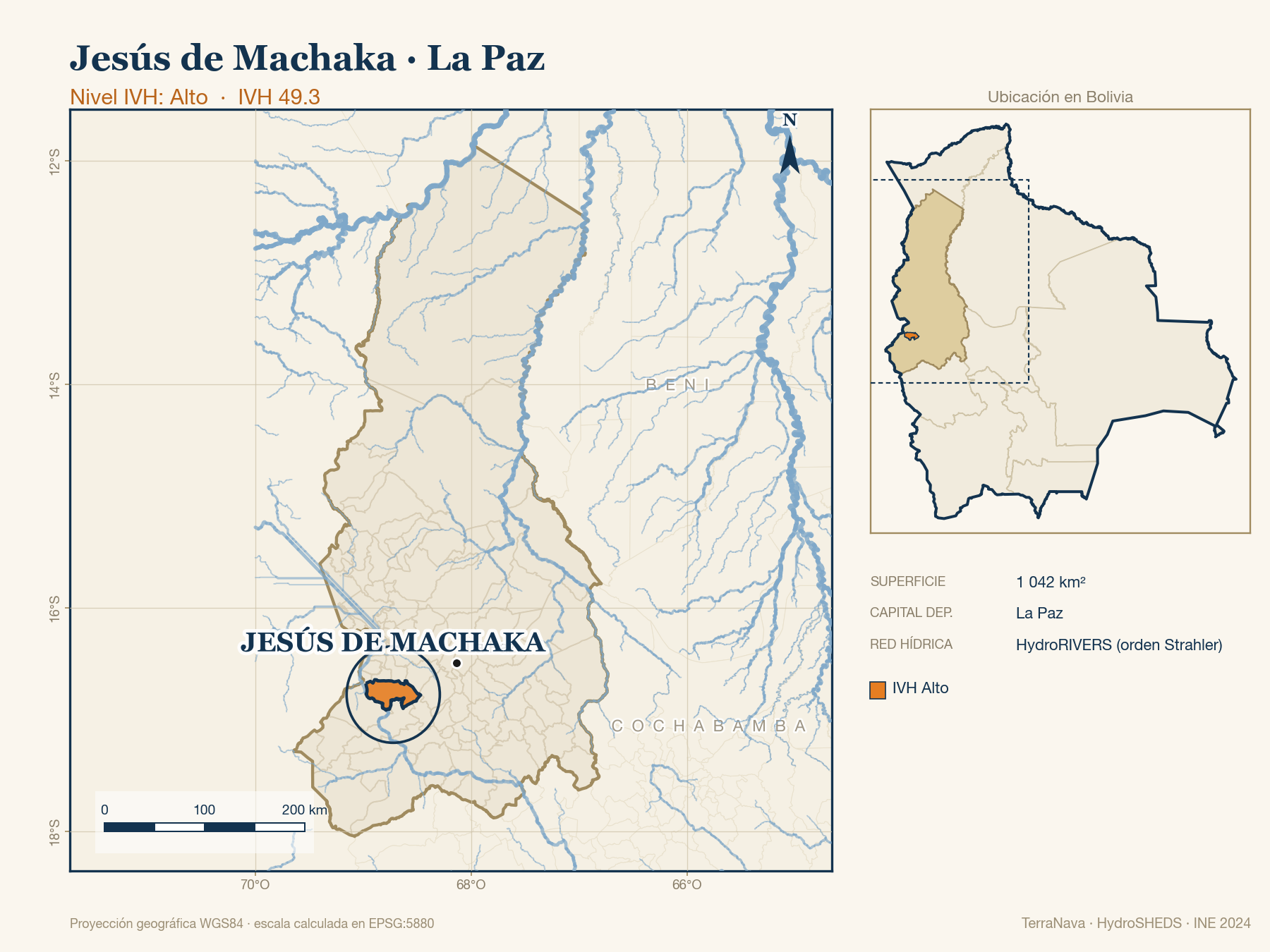 Mapa localizador de Jesús de Machaka (La Paz): zoom departamental con red hídrica HydroRIVERS, municipio destacado por nivel IVH y ubicación en Bolivia