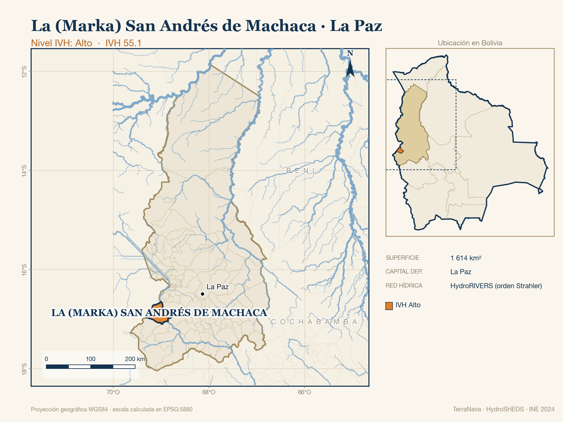 Mapa localizador de La (Marka) San Andrés de Machaca (La Paz): zoom departamental con red hídrica HydroRIVERS, municipio destacado por nivel IVH y ubicación en Bolivia