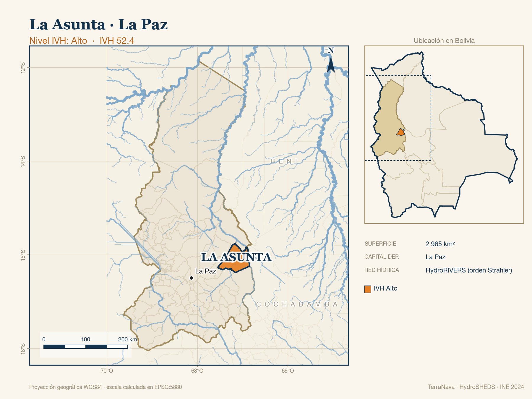 Mapa localizador de La Asunta (La Paz): zoom departamental con red hídrica HydroRIVERS, municipio destacado por nivel IVH y ubicación en Bolivia