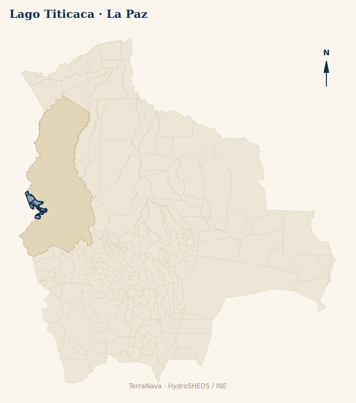 Mapa localizador de Lago Titicaca (La Paz): zoom departamental con red hídrica HydroRIVERS, municipio destacado por nivel IVH y ubicación en Bolivia