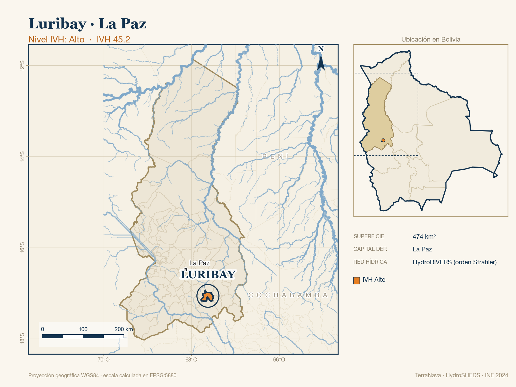 Mapa localizador de Luribay (La Paz): zoom departamental con red hídrica HydroRIVERS, municipio destacado por nivel IVH y ubicación en Bolivia