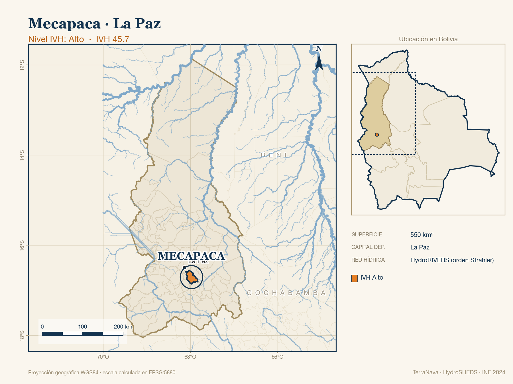 Mapa localizador de Mecapaca (La Paz): zoom departamental con red hídrica HydroRIVERS, municipio destacado por nivel IVH y ubicación en Bolivia