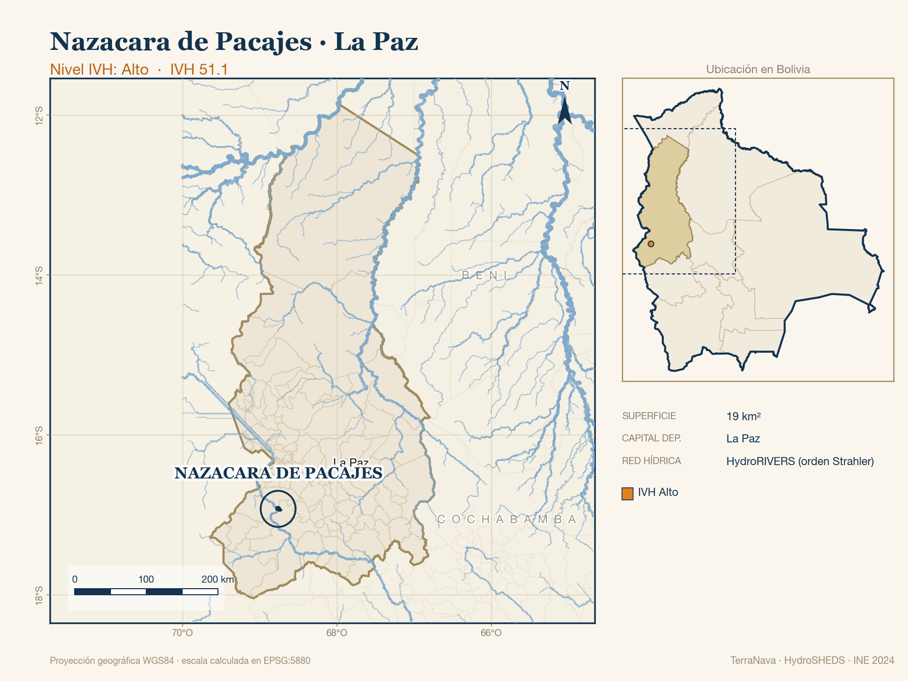 Mapa localizador de Nazacara de Pacajes (La Paz): zoom departamental con red hídrica HydroRIVERS, municipio destacado por nivel IVH y ubicación en Bolivia