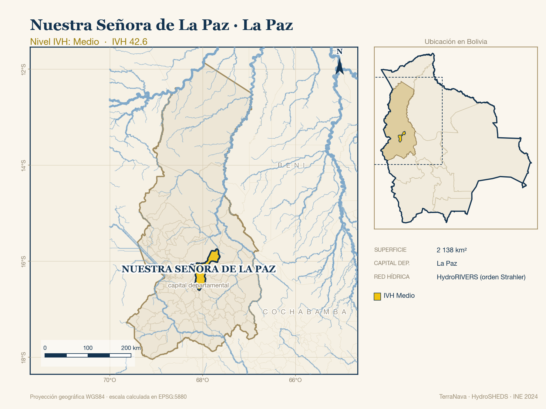 Mapa localizador de Nuestra Señora de La Paz (La Paz): zoom departamental con red hídrica HydroRIVERS, municipio destacado por nivel IVH y ubicación en Bolivia