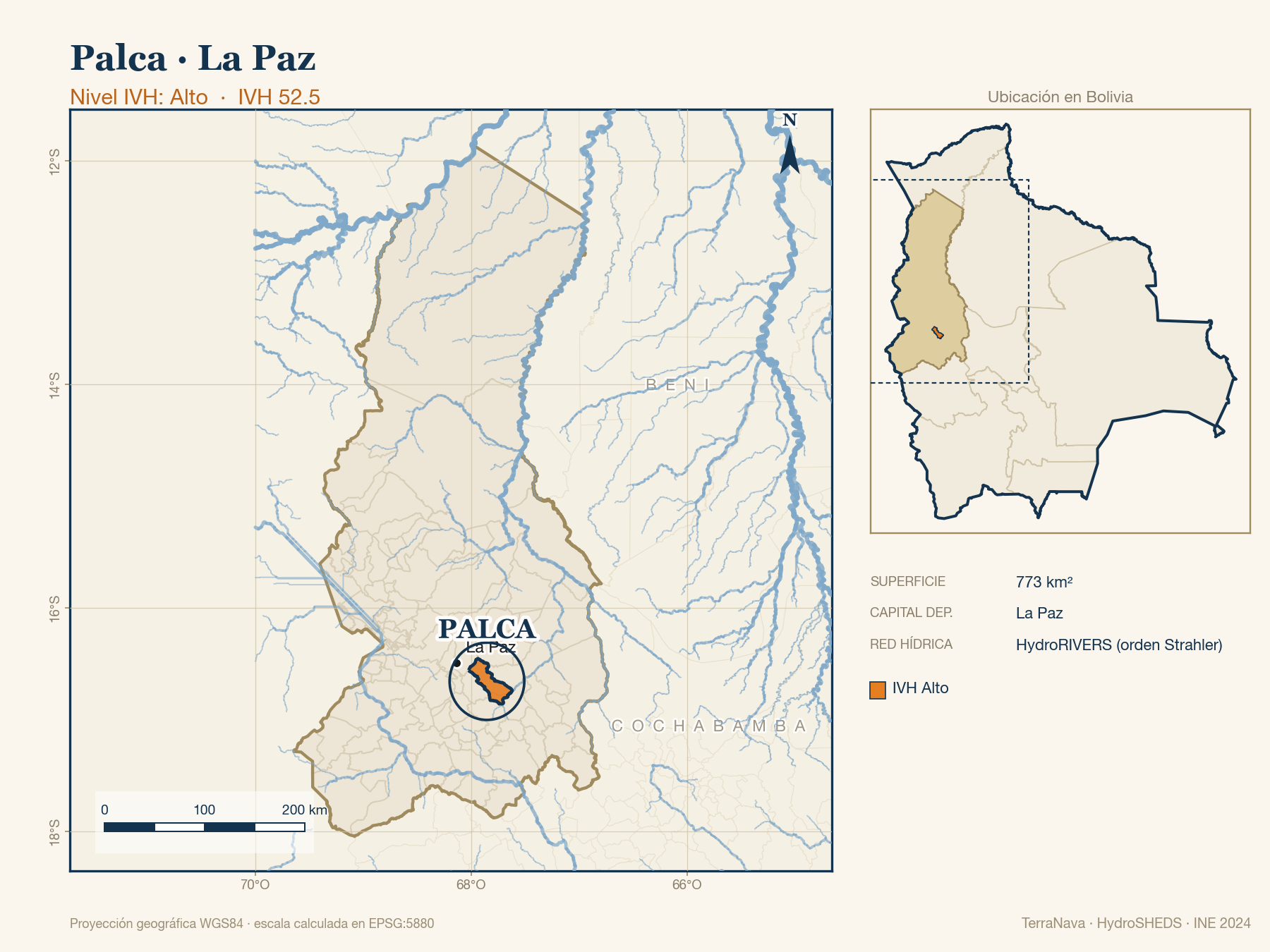 Mapa localizador de Palca (La Paz): zoom departamental con red hídrica HydroRIVERS, municipio destacado por nivel IVH y ubicación en Bolivia