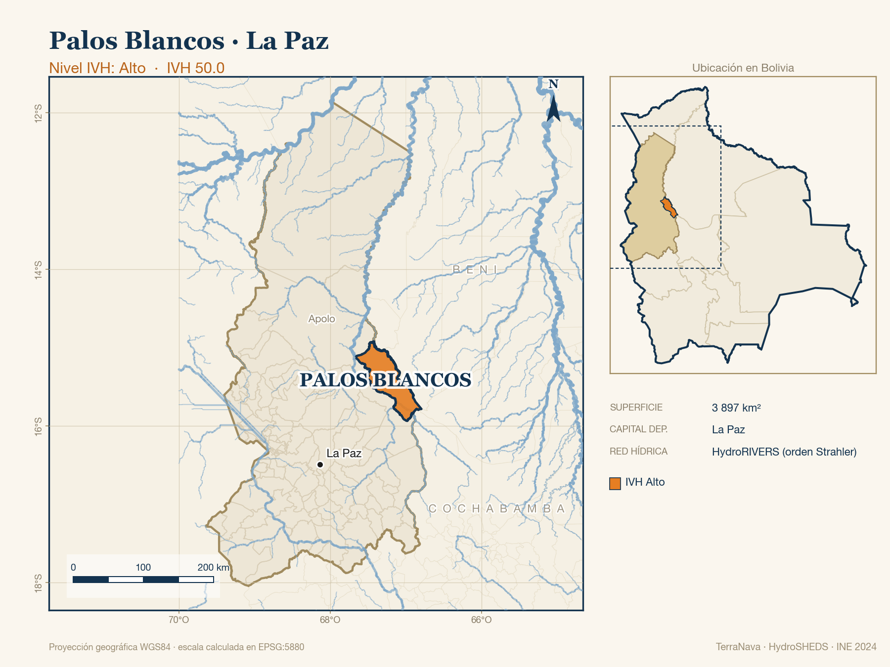 Mapa localizador de Palos Blancos (La Paz): zoom departamental con red hídrica HydroRIVERS, municipio destacado por nivel IVH y ubicación en Bolivia