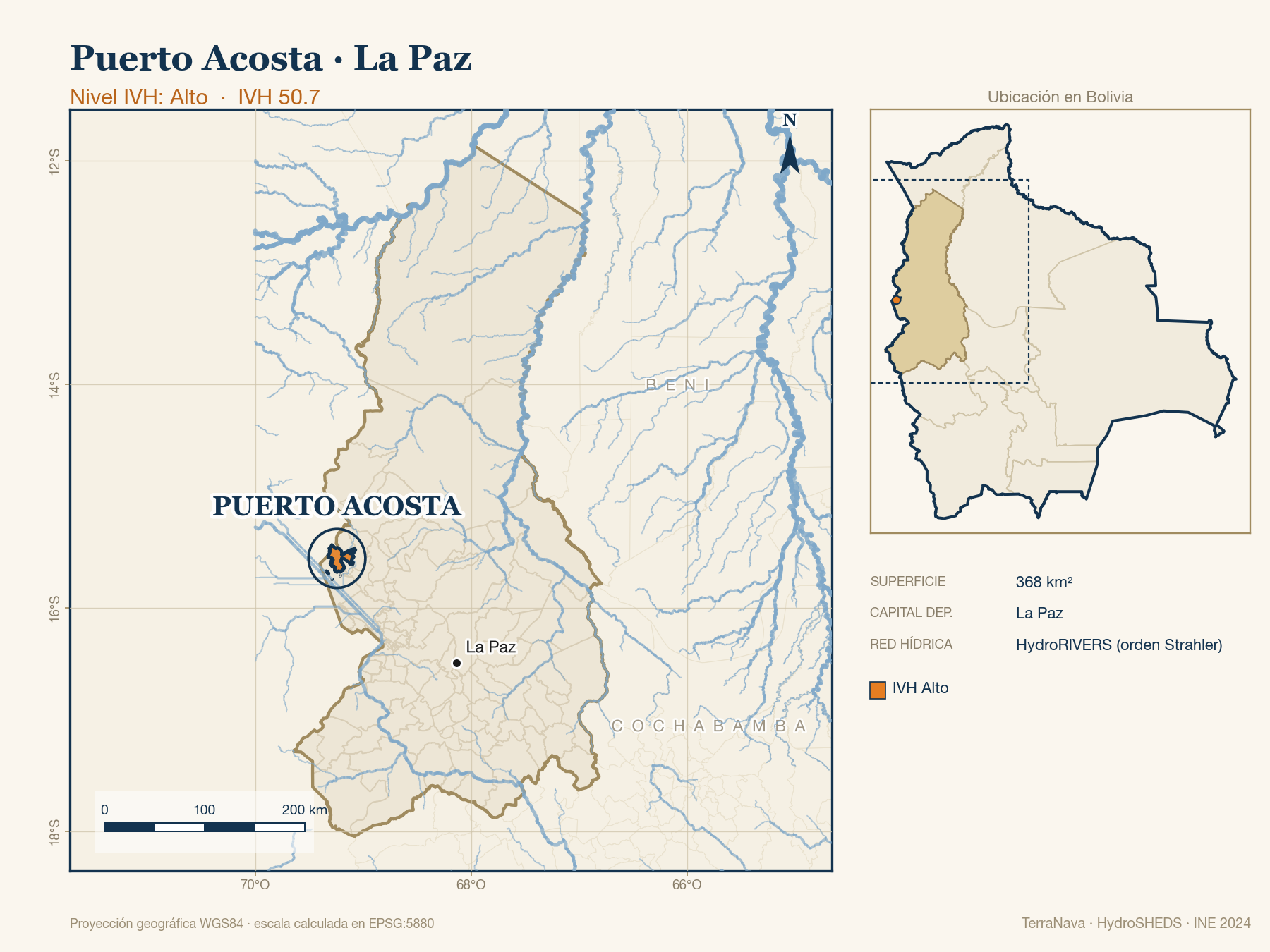 Mapa localizador de Puerto Acosta (La Paz): zoom departamental con red hídrica HydroRIVERS, municipio destacado por nivel IVH y ubicación en Bolivia