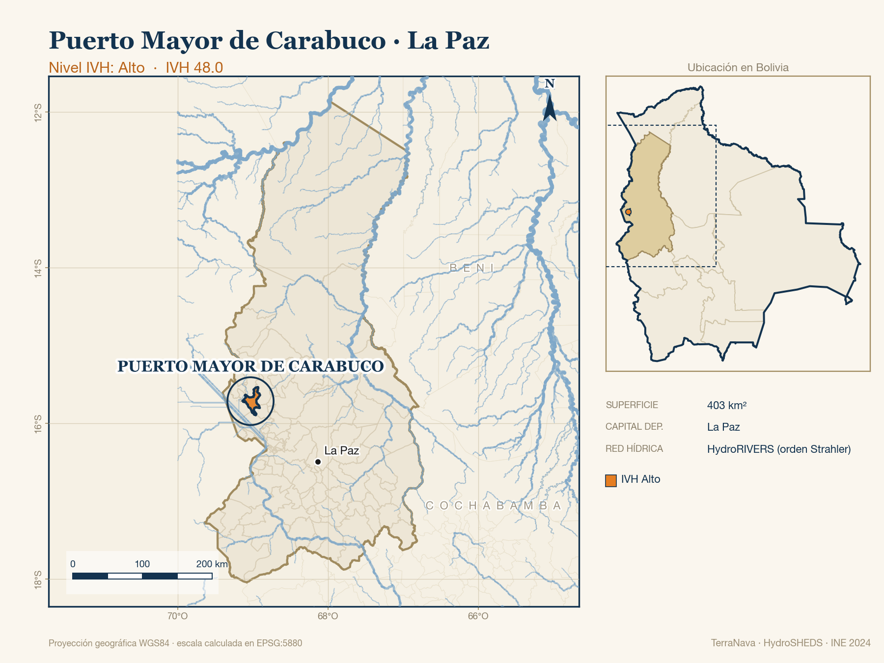 Mapa localizador de Puerto Mayor de Carabuco (La Paz): zoom departamental con red hídrica HydroRIVERS, municipio destacado por nivel IVH y ubicación en Bolivia