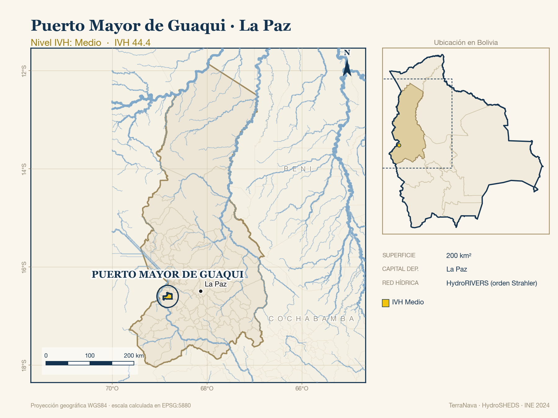 Mapa localizador de Puerto Mayor de Guaqui (La Paz): zoom departamental con red hídrica HydroRIVERS, municipio destacado por nivel IVH y ubicación en Bolivia