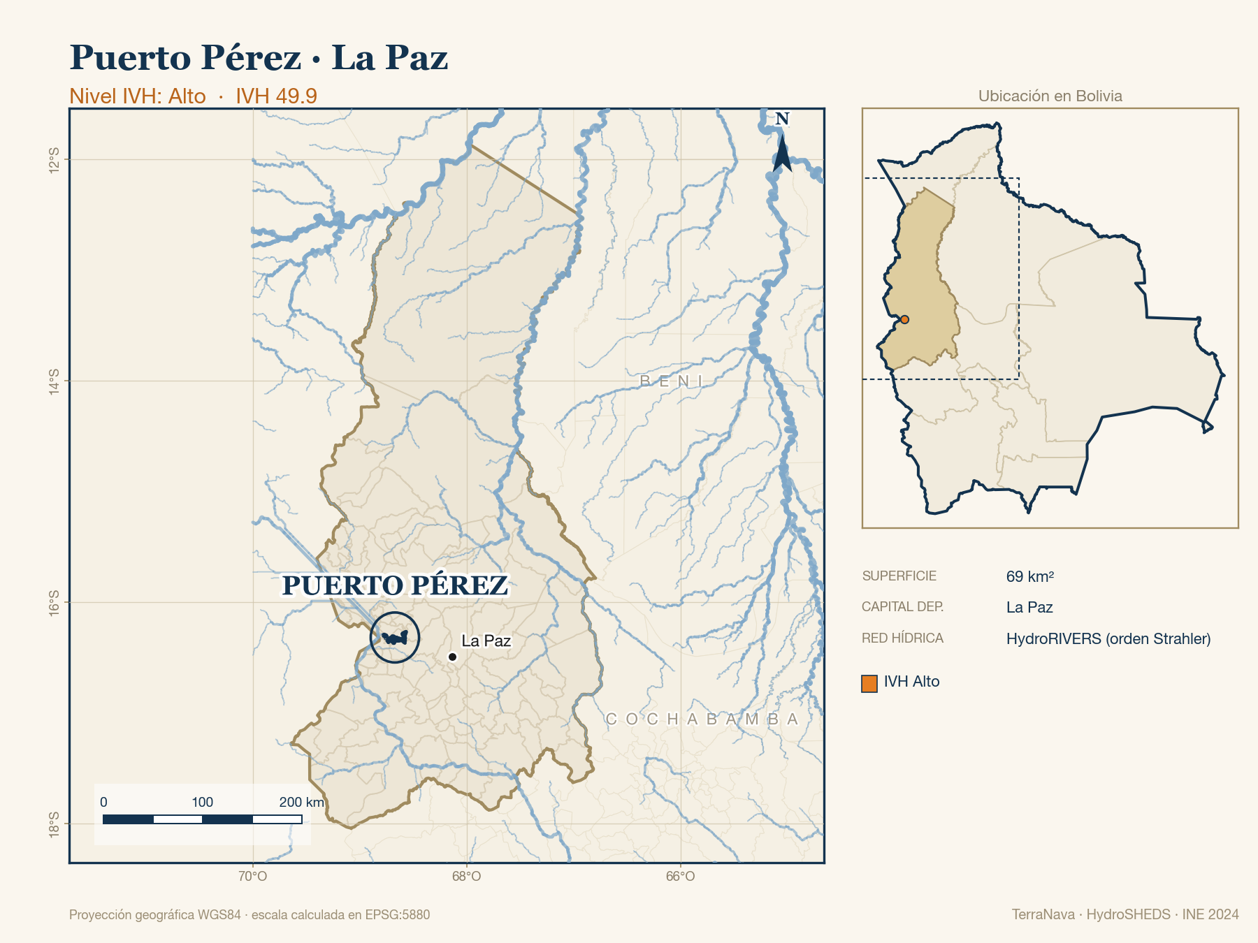 Mapa localizador de Puerto Pérez (La Paz): zoom departamental con red hídrica HydroRIVERS, municipio destacado por nivel IVH y ubicación en Bolivia