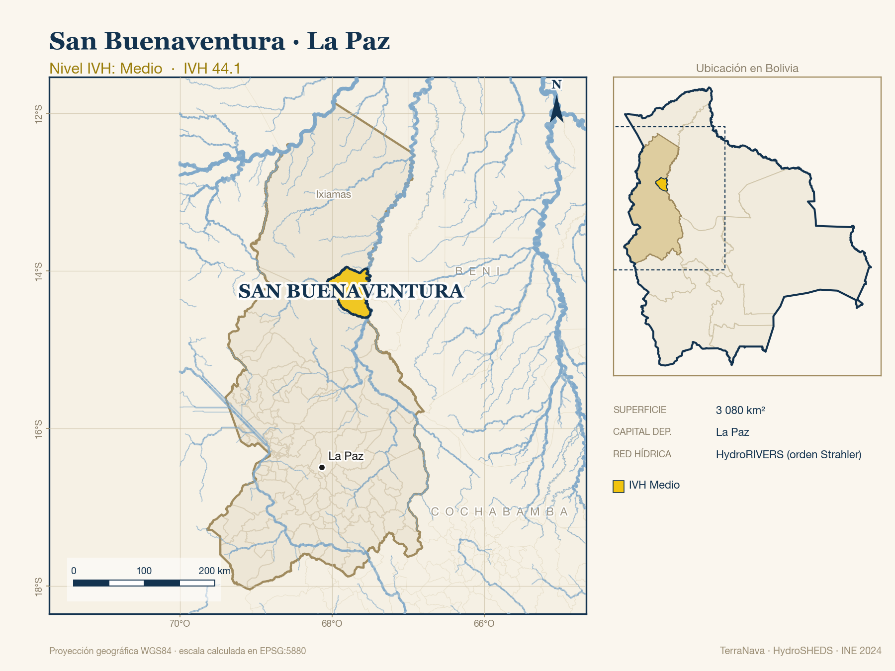 Mapa localizador de San Buenaventura (La Paz): zoom departamental con red hídrica HydroRIVERS, municipio destacado por nivel IVH y ubicación en Bolivia