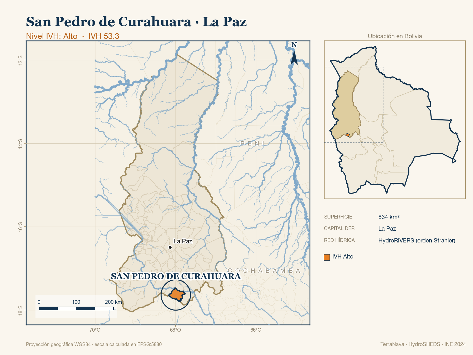 Mapa localizador de San Pedro de Curahuara (La Paz): zoom departamental con red hídrica HydroRIVERS, municipio destacado por nivel IVH y ubicación en Bolivia