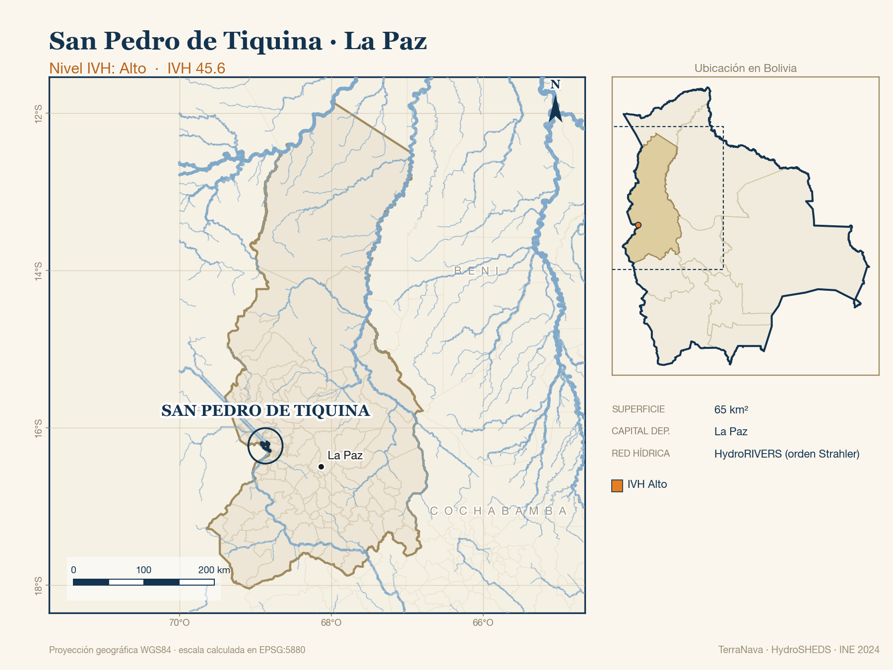 Mapa localizador de San Pedro de Tiquina (La Paz): zoom departamental con red hídrica HydroRIVERS, municipio destacado por nivel IVH y ubicación en Bolivia