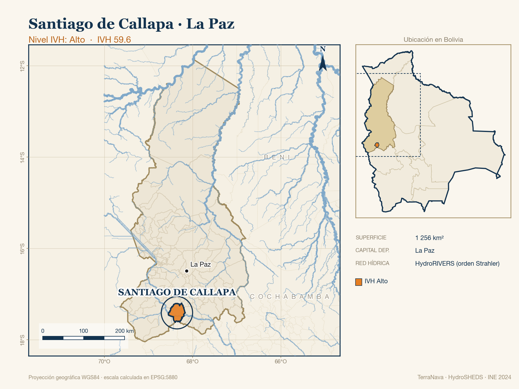 Mapa localizador de Santiago de Callapa (La Paz): zoom departamental con red hídrica HydroRIVERS, municipio destacado por nivel IVH y ubicación en Bolivia