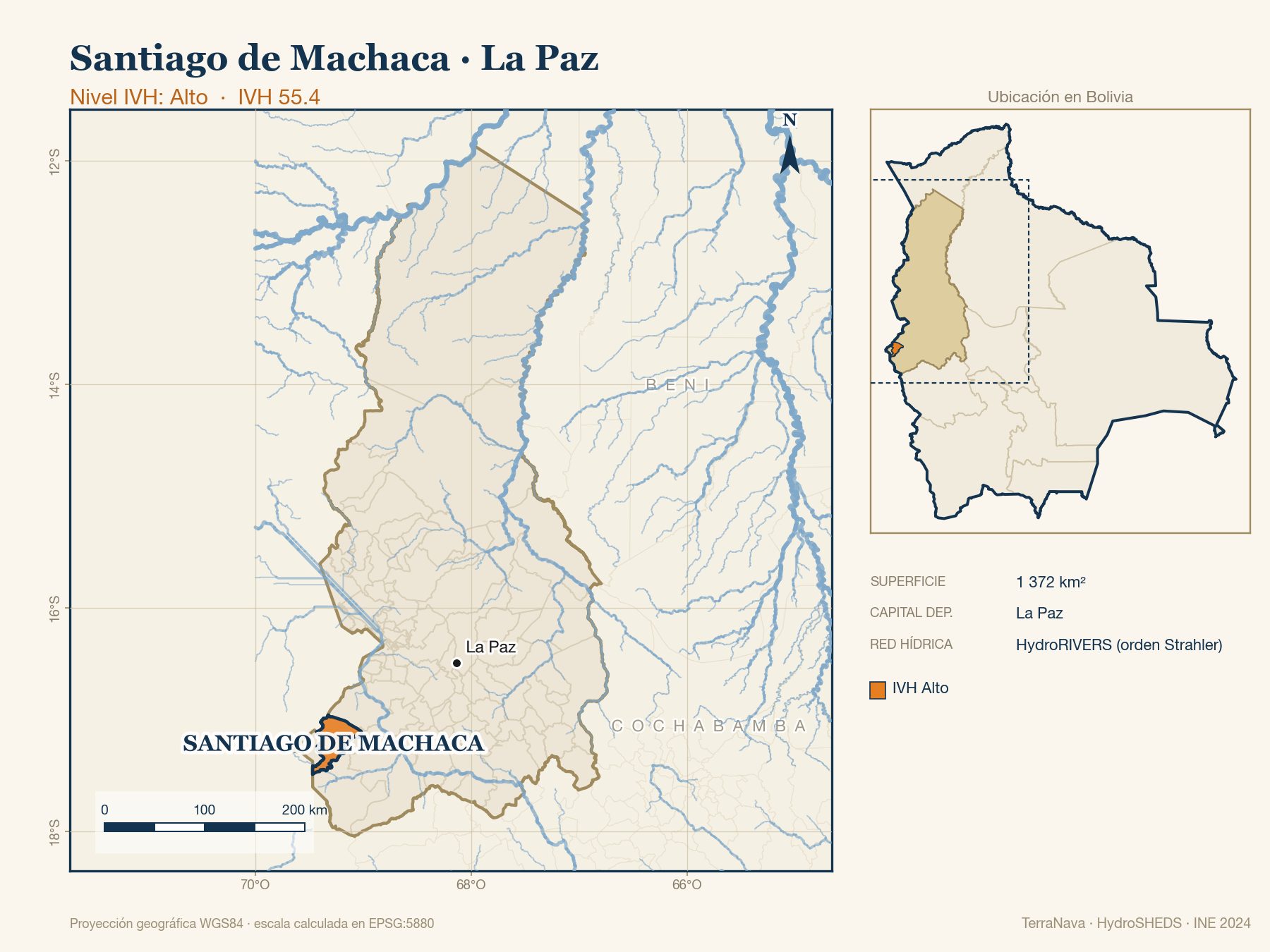 Mapa localizador de Santiago de Machaca (La Paz): zoom departamental con red hídrica HydroRIVERS, municipio destacado por nivel IVH y ubicación en Bolivia