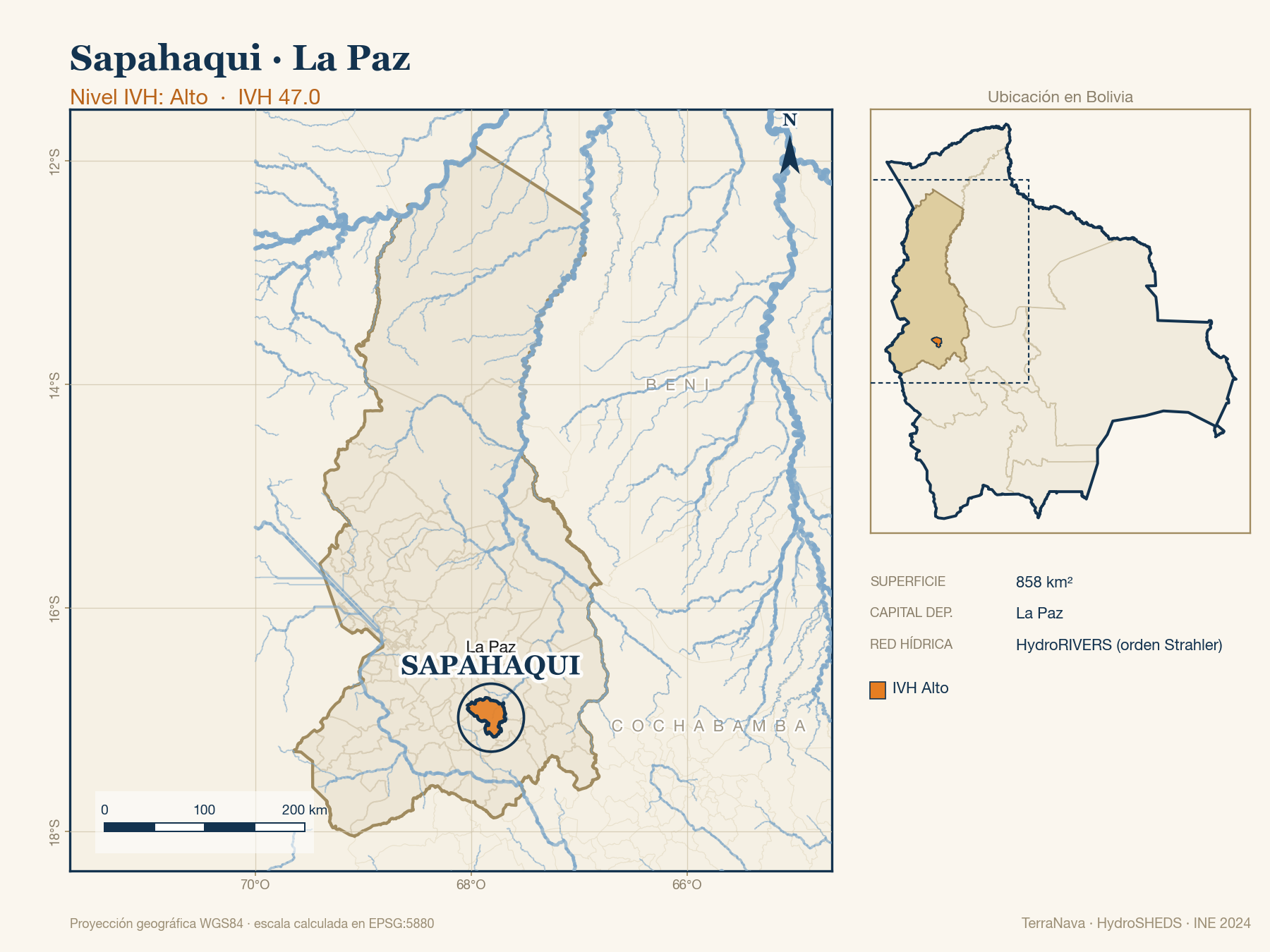 Mapa localizador de Sapahaqui (La Paz): zoom departamental con red hídrica HydroRIVERS, municipio destacado por nivel IVH y ubicación en Bolivia