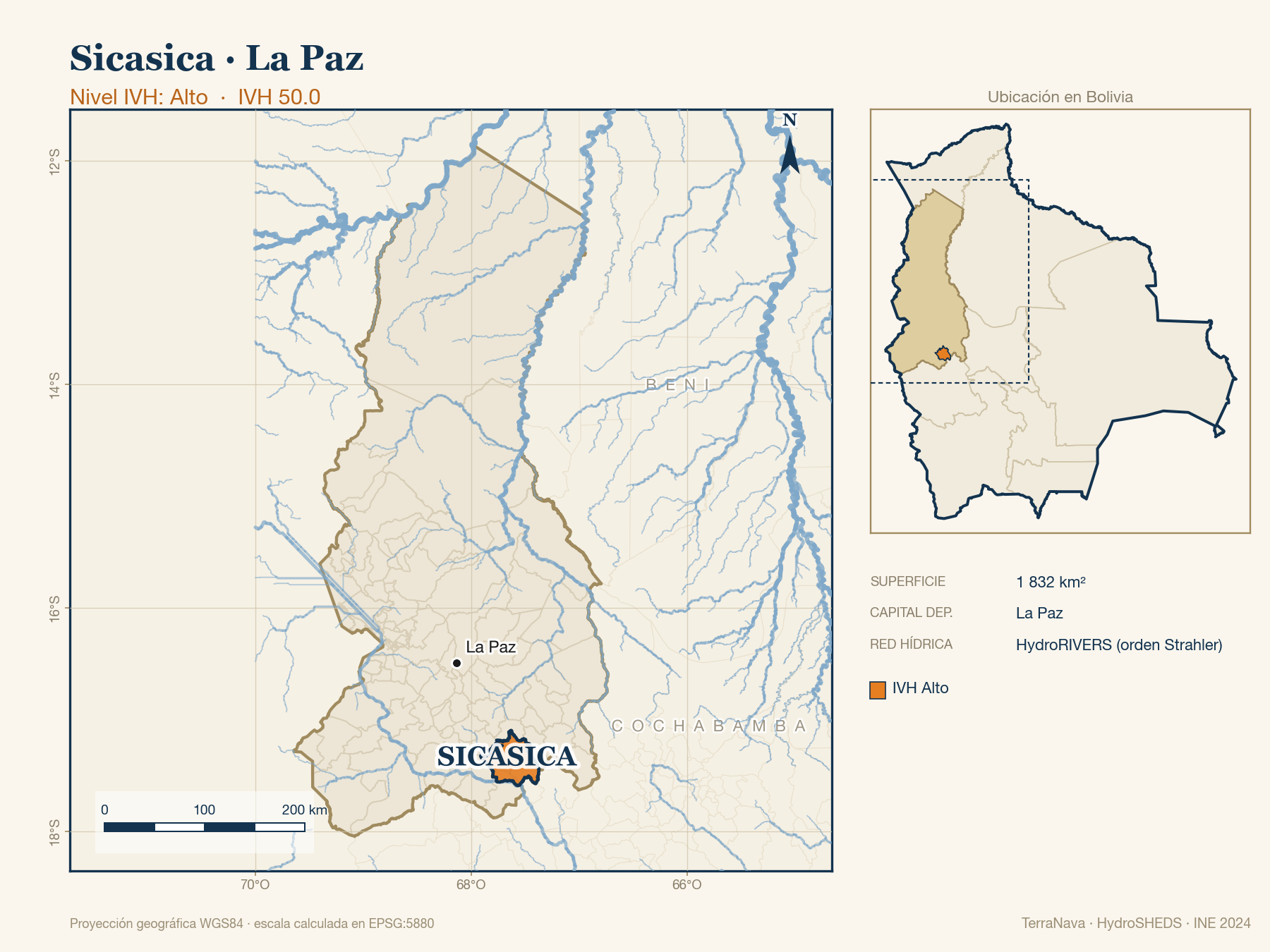 Mapa localizador de Sicasica (La Paz): zoom departamental con red hídrica HydroRIVERS, municipio destacado por nivel IVH y ubicación en Bolivia