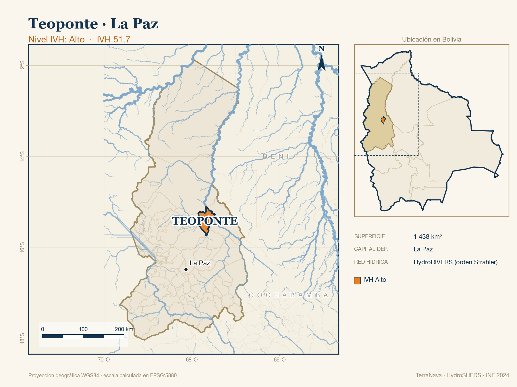 Mapa localizador de Teoponte (La Paz): zoom departamental con red hídrica HydroRIVERS, municipio destacado por nivel IVH y ubicación en Bolivia