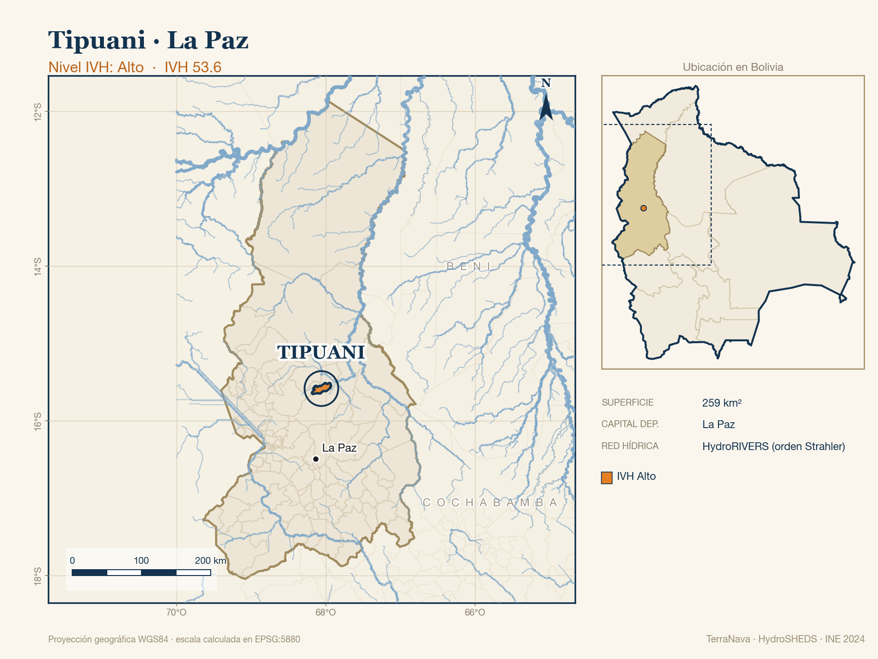 Mapa localizador de Tipuani (La Paz): zoom departamental con red hídrica HydroRIVERS, municipio destacado por nivel IVH y ubicación en Bolivia
