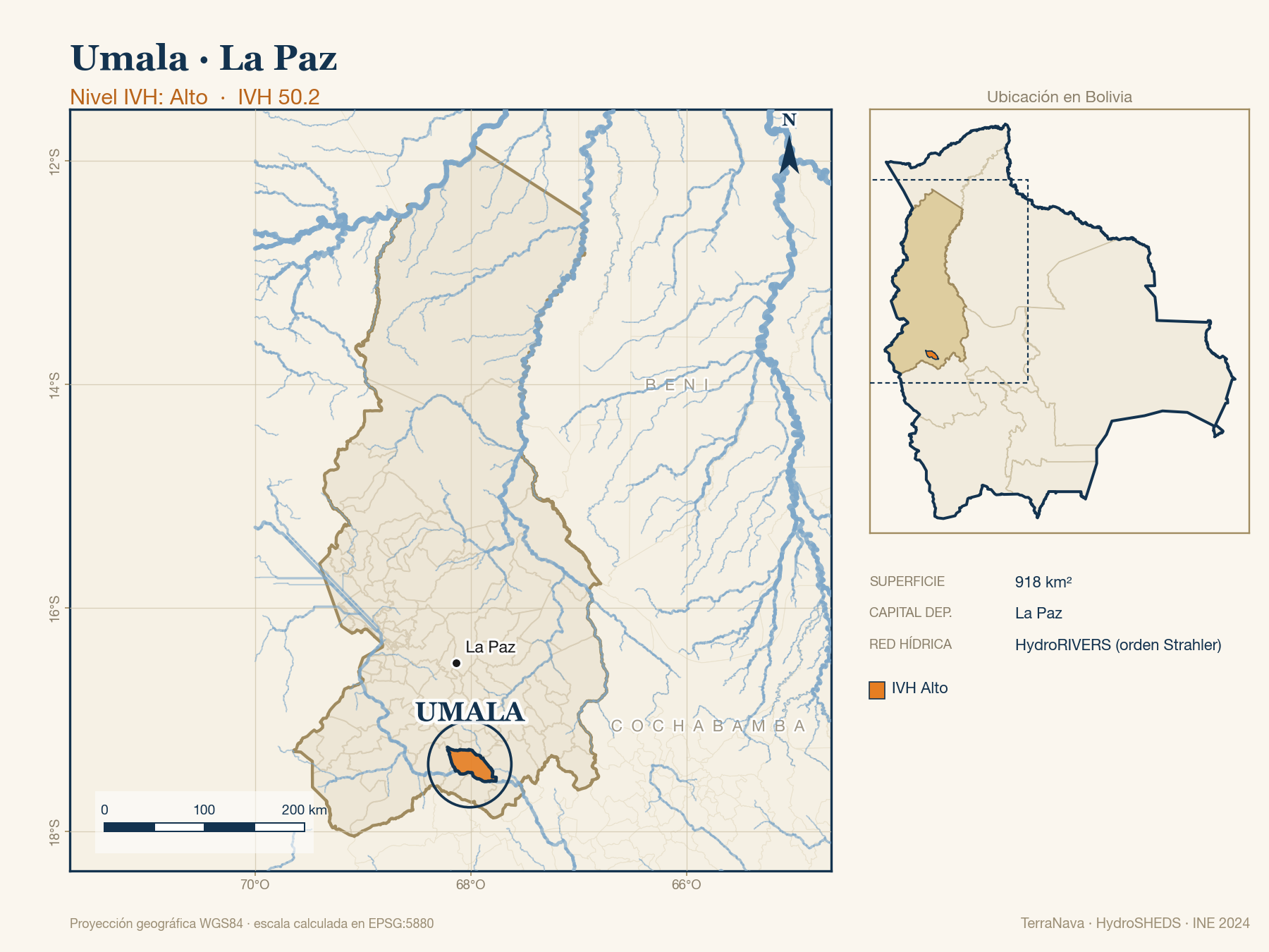 Mapa localizador de Umala (La Paz): zoom departamental con red hídrica HydroRIVERS, municipio destacado por nivel IVH y ubicación en Bolivia