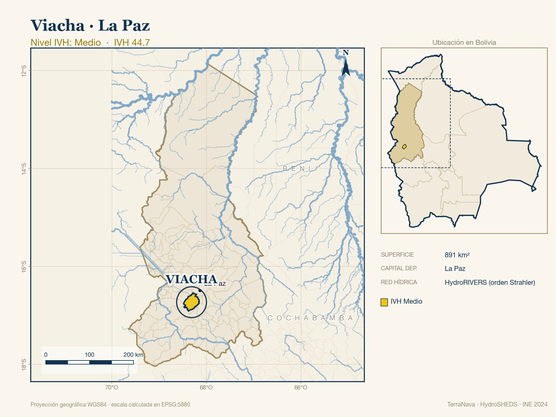 Mapa localizador de Viacha (La Paz): zoom departamental con red hídrica HydroRIVERS, municipio destacado por nivel IVH y ubicación en Bolivia