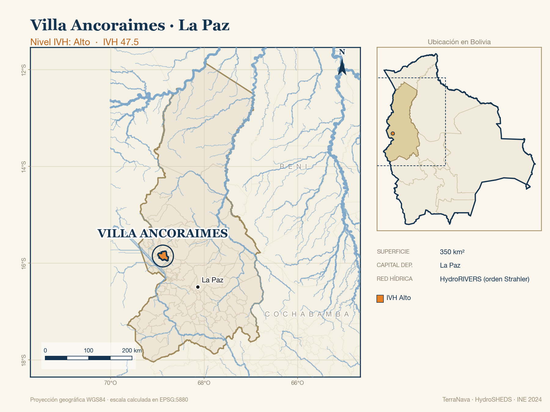 Mapa localizador de Villa Ancoraimes (La Paz): zoom departamental con red hídrica HydroRIVERS, municipio destacado por nivel IVH y ubicación en Bolivia