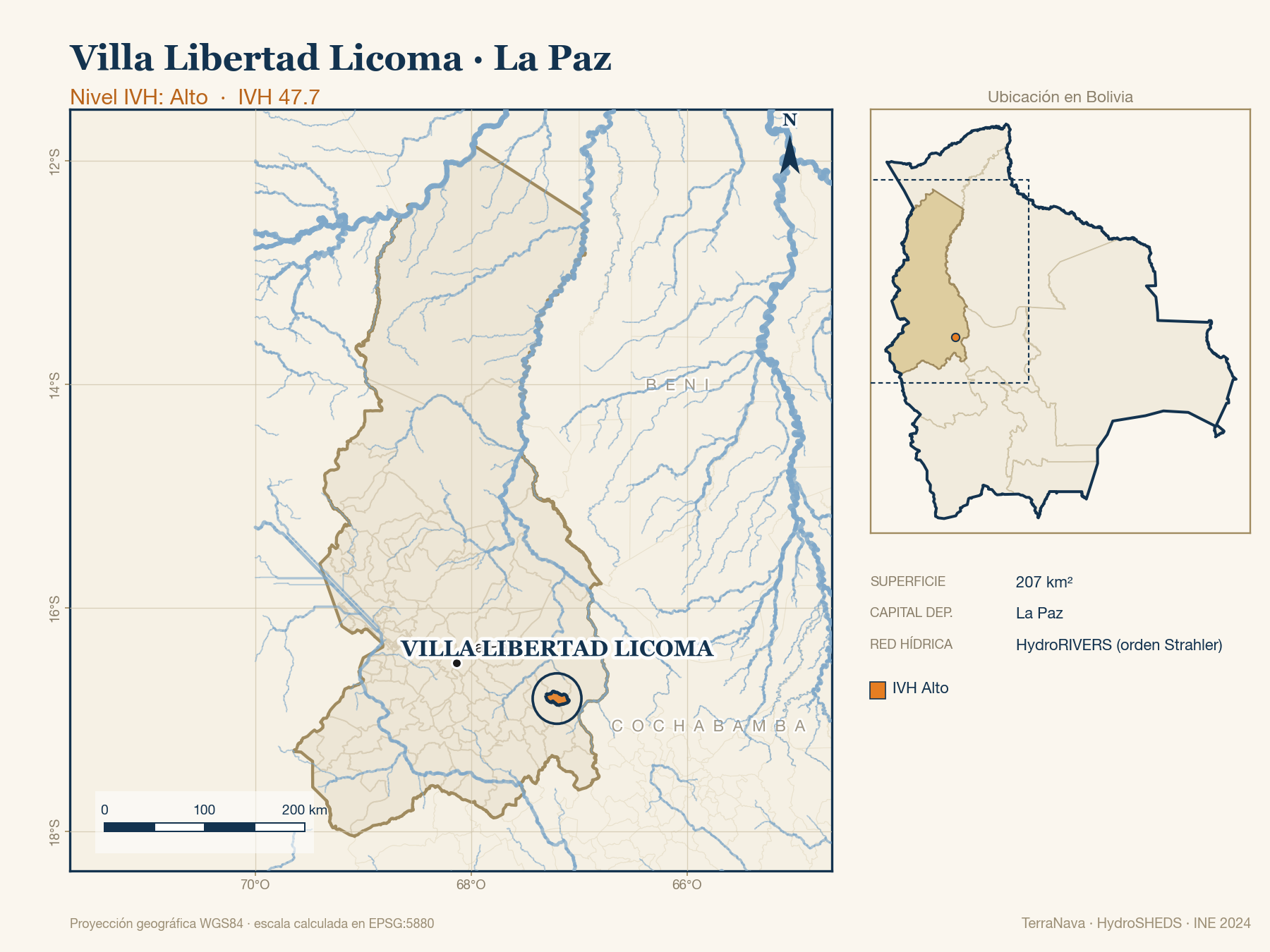 Mapa localizador de Villa Libertad Licoma (La Paz): zoom departamental con red hídrica HydroRIVERS, municipio destacado por nivel IVH y ubicación en Bolivia