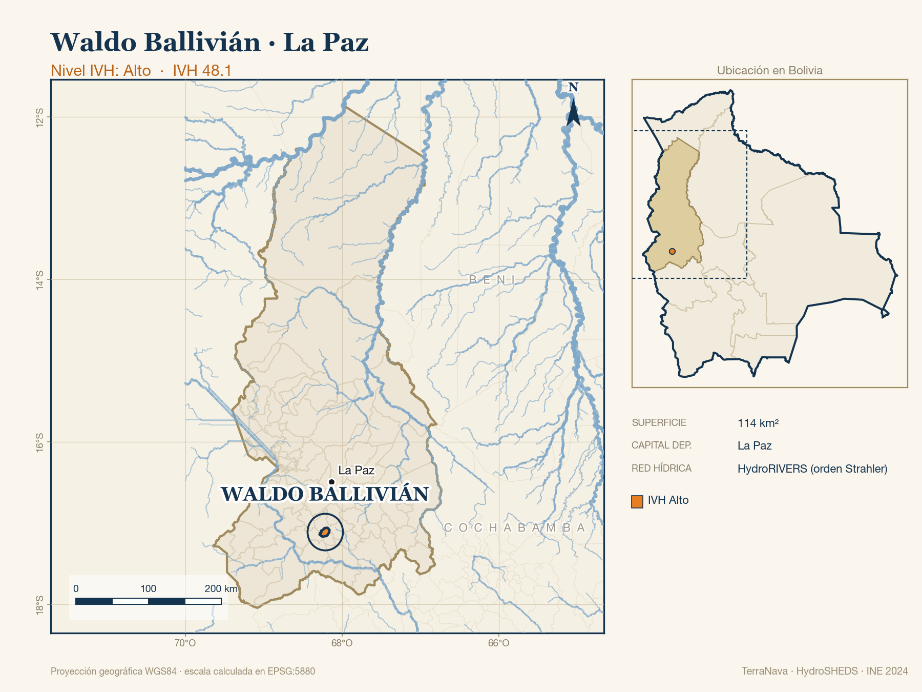Mapa localizador de Waldo Ballivián (La Paz): zoom departamental con red hídrica HydroRIVERS, municipio destacado por nivel IVH y ubicación en Bolivia