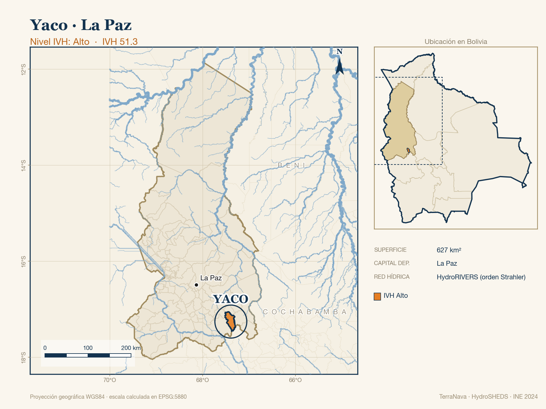 Mapa localizador de Yaco (La Paz): zoom departamental con red hídrica HydroRIVERS, municipio destacado por nivel IVH y ubicación en Bolivia