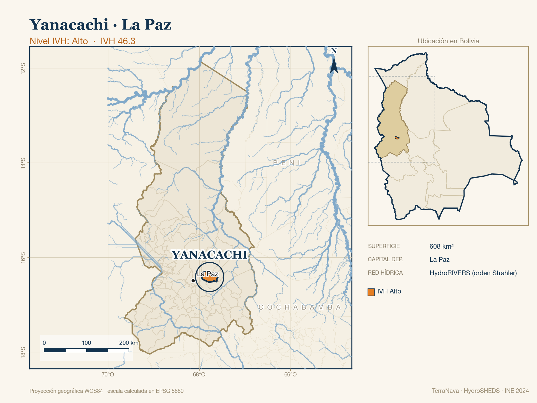 Mapa localizador de Yanacachi (La Paz): zoom departamental con red hídrica HydroRIVERS, municipio destacado por nivel IVH y ubicación en Bolivia