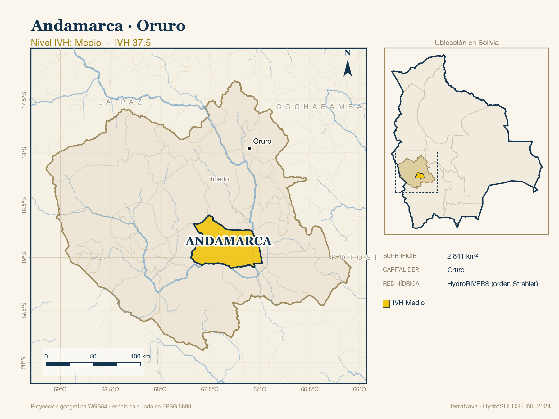 Mapa localizador de Andamarca (Oruro): zoom departamental con red hídrica HydroRIVERS, municipio destacado por nivel IVH y ubicación en Bolivia
