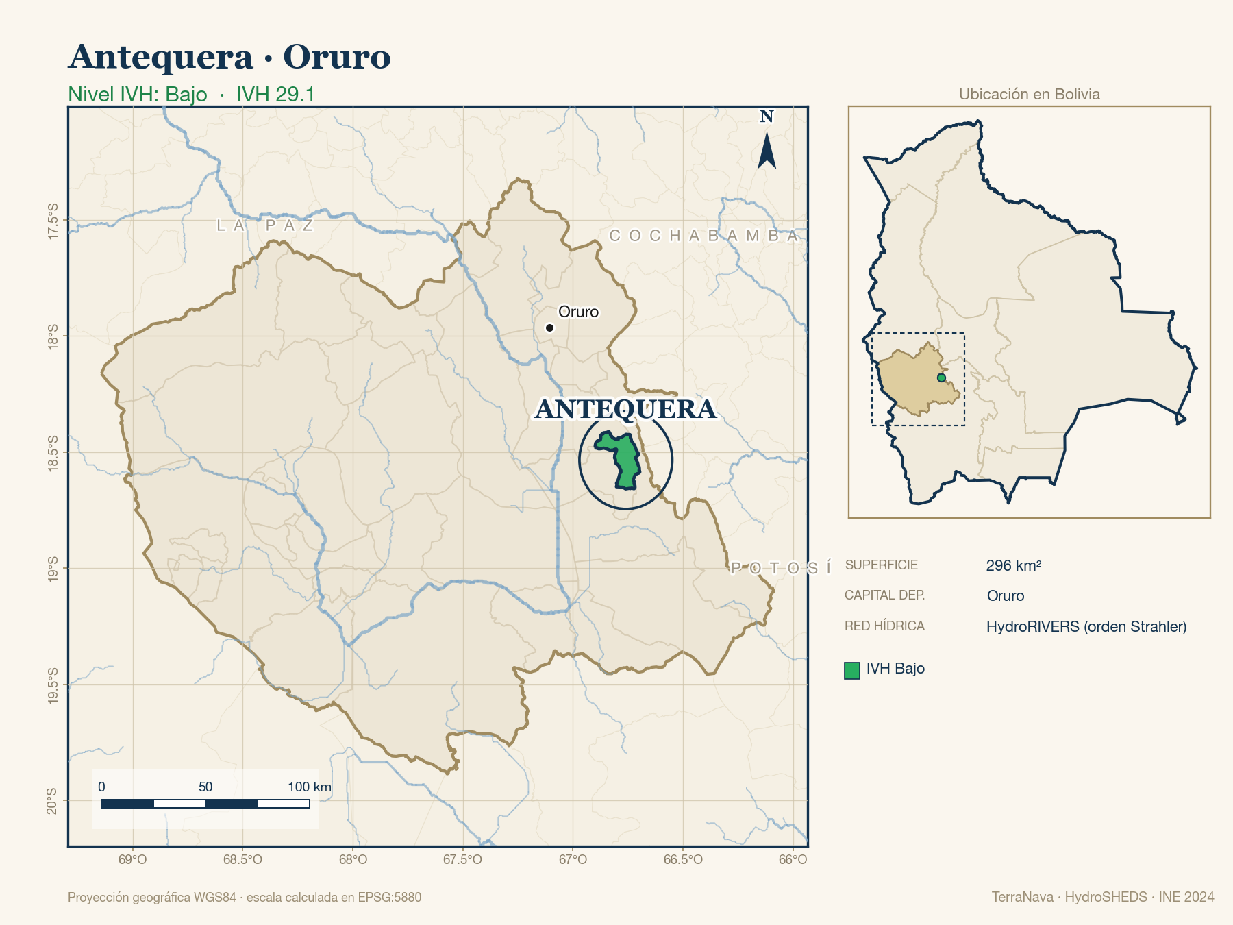 Mapa localizador de Antequera (Oruro): zoom departamental con red hídrica HydroRIVERS, municipio destacado por nivel IVH y ubicación en Bolivia