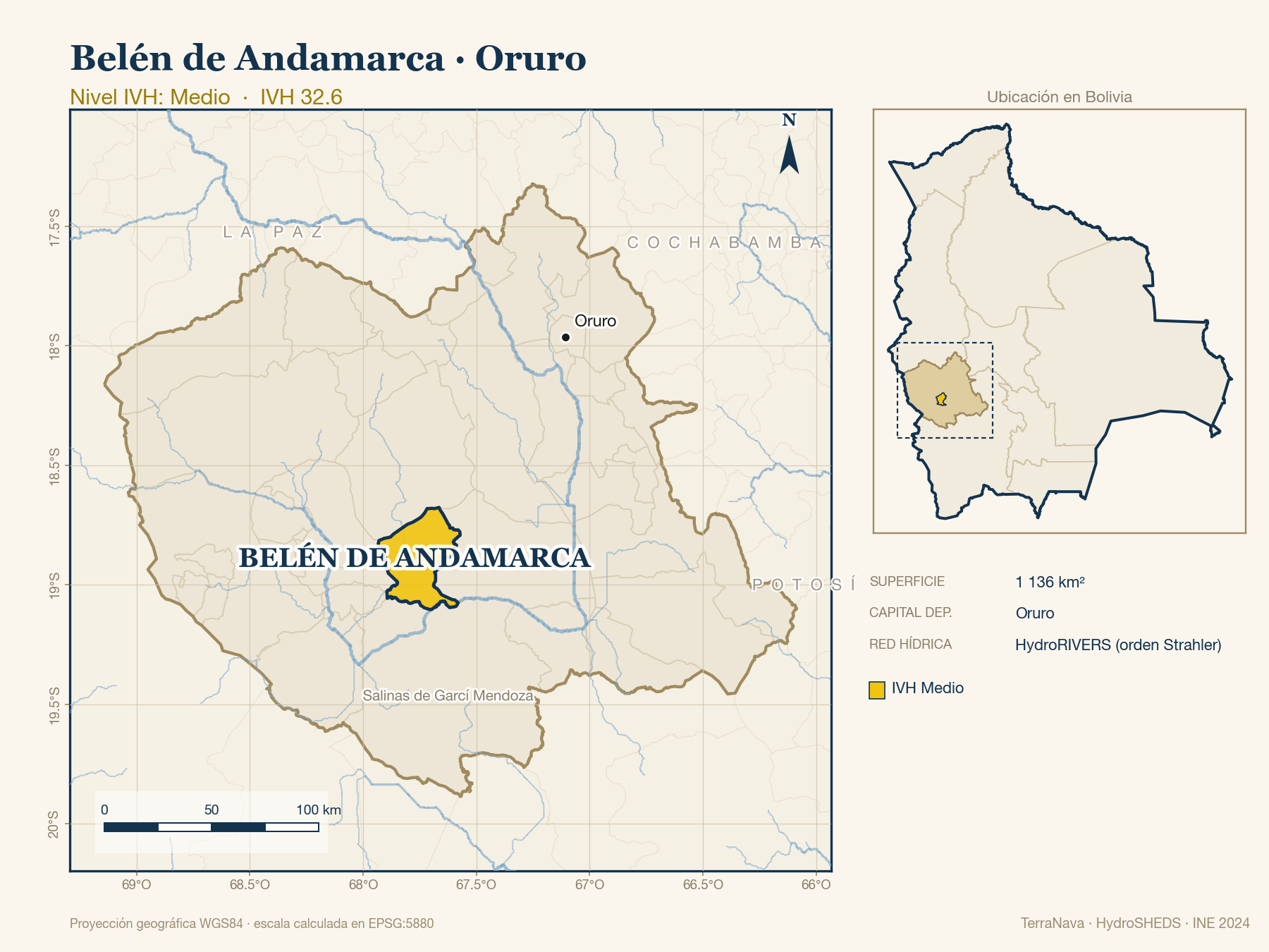 Mapa localizador de Belén de Andamarca (Oruro): zoom departamental con red hídrica HydroRIVERS, municipio destacado por nivel IVH y ubicación en Bolivia