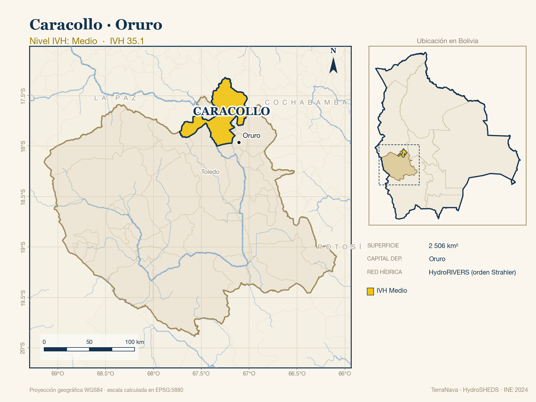 Mapa localizador de Caracollo (Oruro): zoom departamental con red hídrica HydroRIVERS, municipio destacado por nivel IVH y ubicación en Bolivia