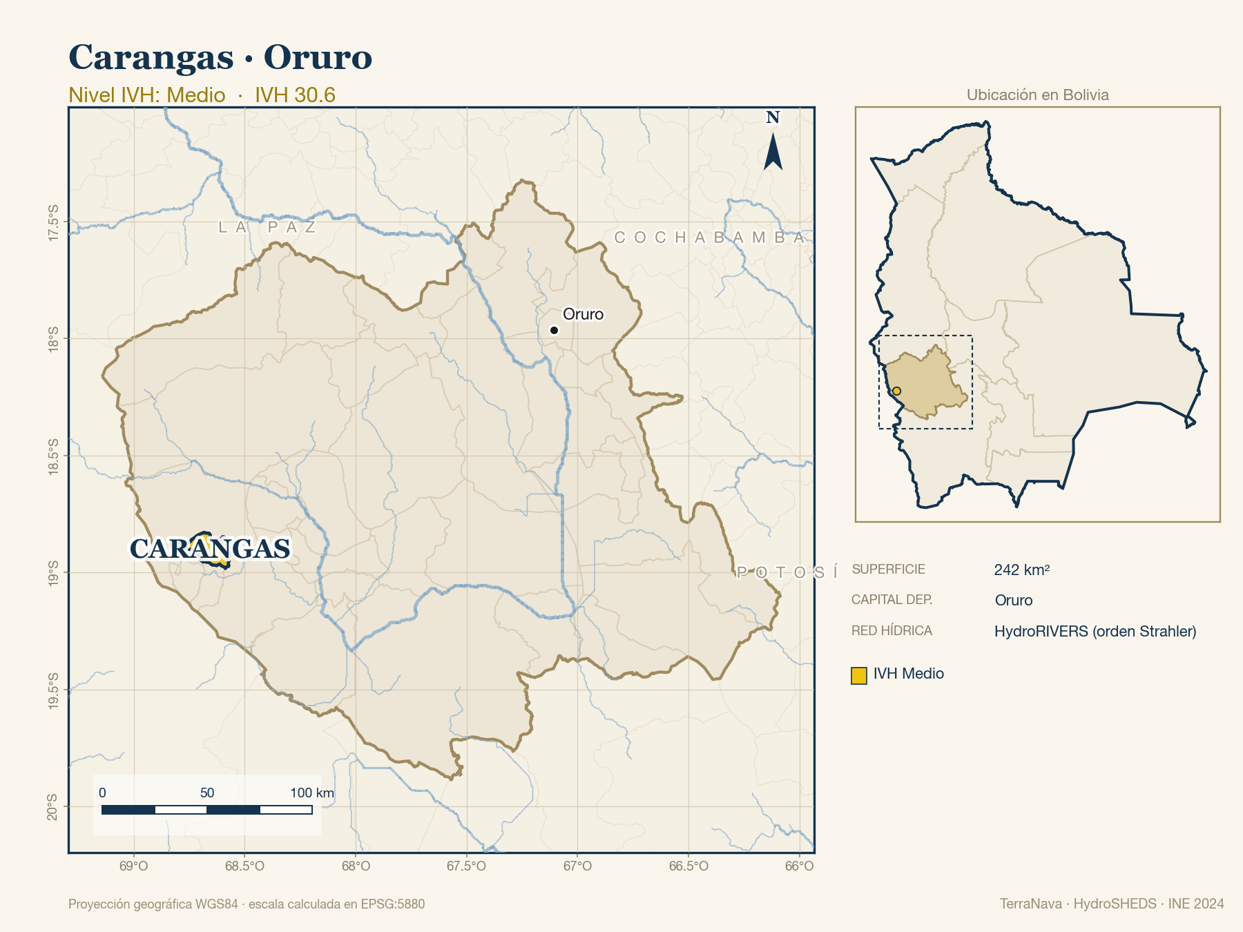 Mapa localizador de Carangas (Oruro): zoom departamental con red hídrica HydroRIVERS, municipio destacado por nivel IVH y ubicación en Bolivia