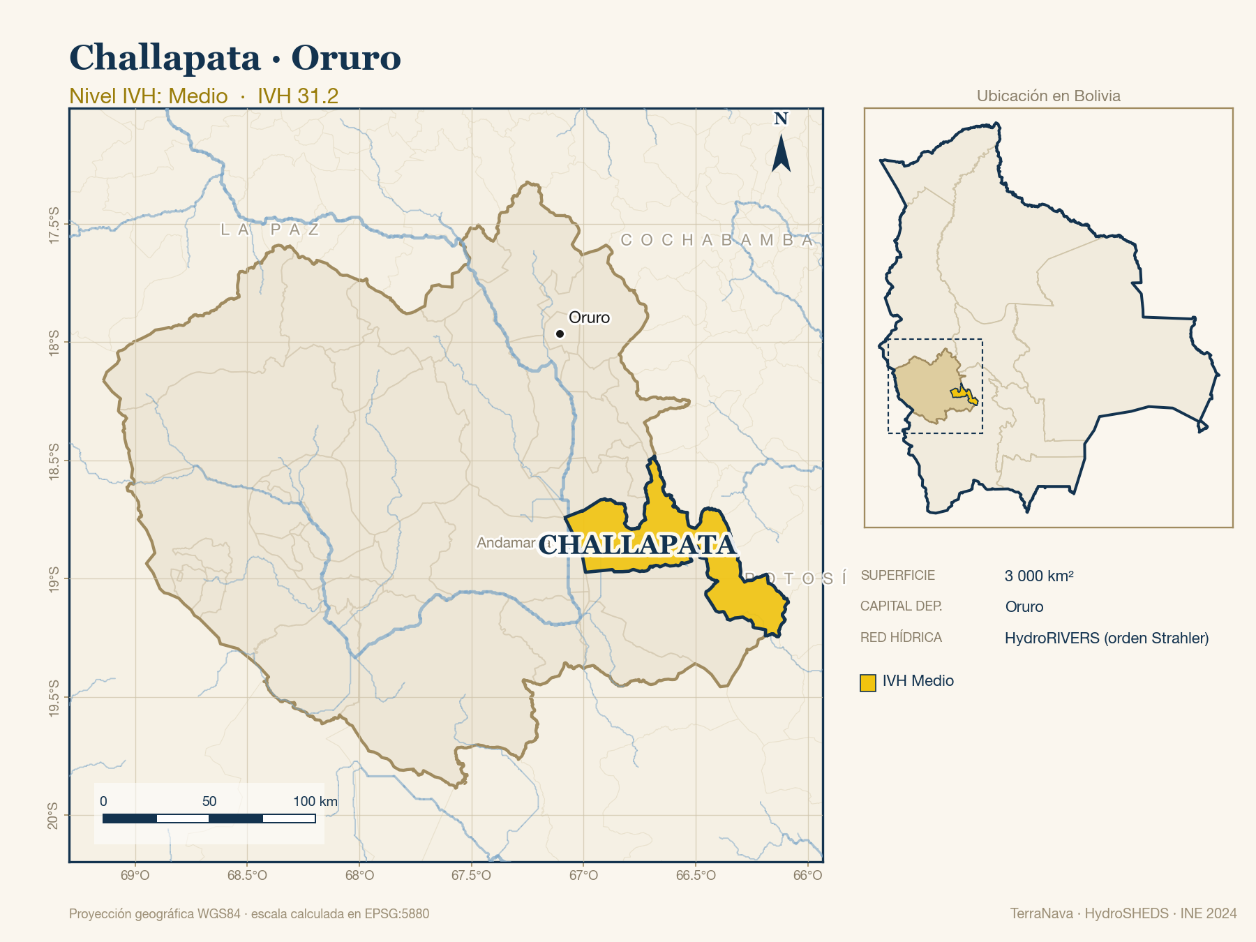 Mapa localizador de Challapata (Oruro): zoom departamental con red hídrica HydroRIVERS, municipio destacado por nivel IVH y ubicación en Bolivia
