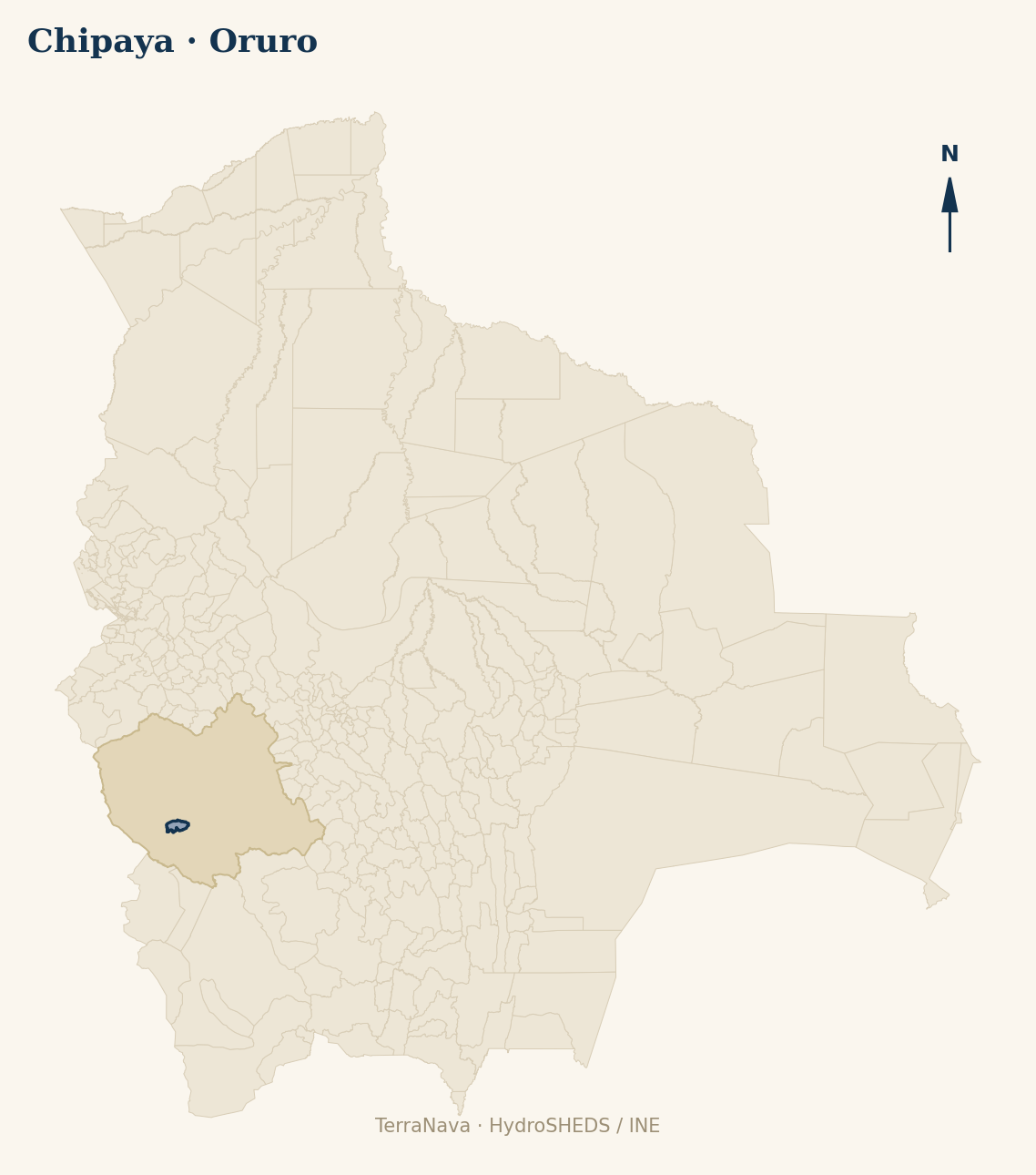 Mapa localizador de Chipaya (Oruro): zoom departamental con red hídrica HydroRIVERS, municipio destacado por nivel IVH y ubicación en Bolivia