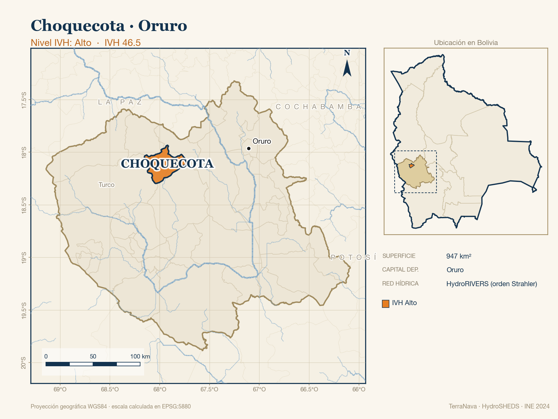 Mapa localizador de Choquecota (Oruro): zoom departamental con red hídrica HydroRIVERS, municipio destacado por nivel IVH y ubicación en Bolivia