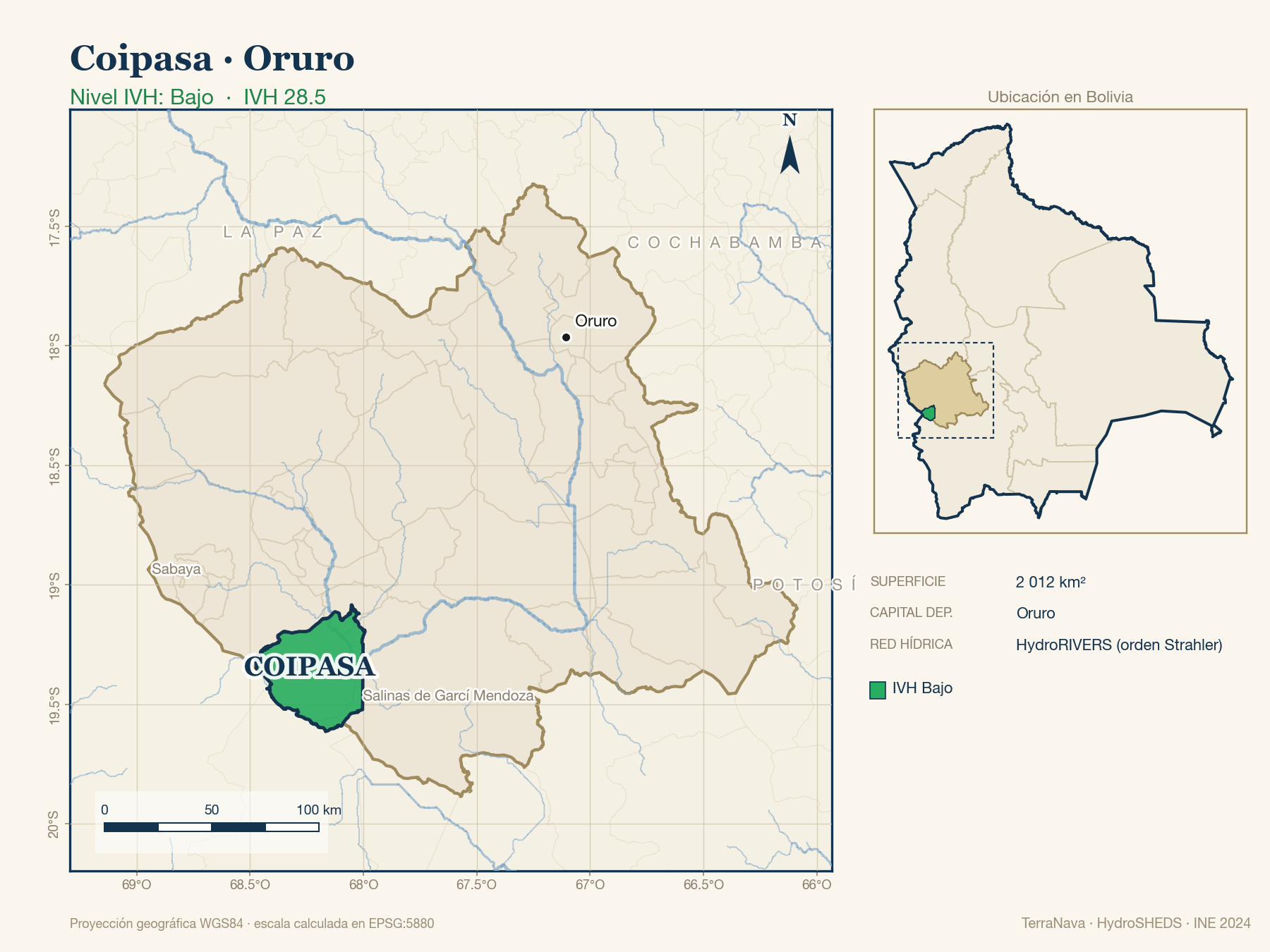 Mapa localizador de Coipasa (Oruro): zoom departamental con red hídrica HydroRIVERS, municipio destacado por nivel IVH y ubicación en Bolivia
